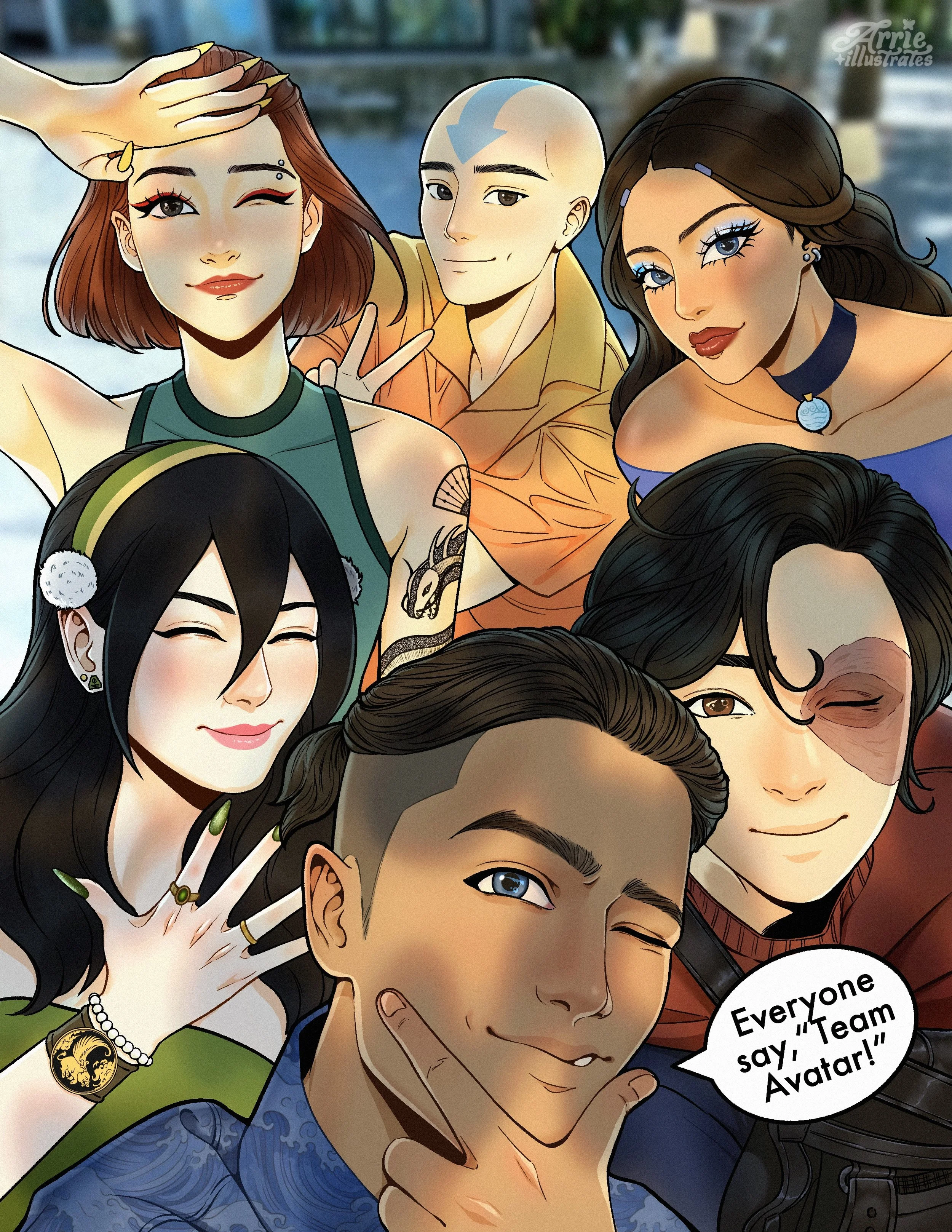 Cartoon-style group selfie of six diverse young people taking a photo together, with one holding up a hand in a peace sign and another making a shaka sign, with a speech bubble saying, "Everyone say 'Team Avatar!'"
