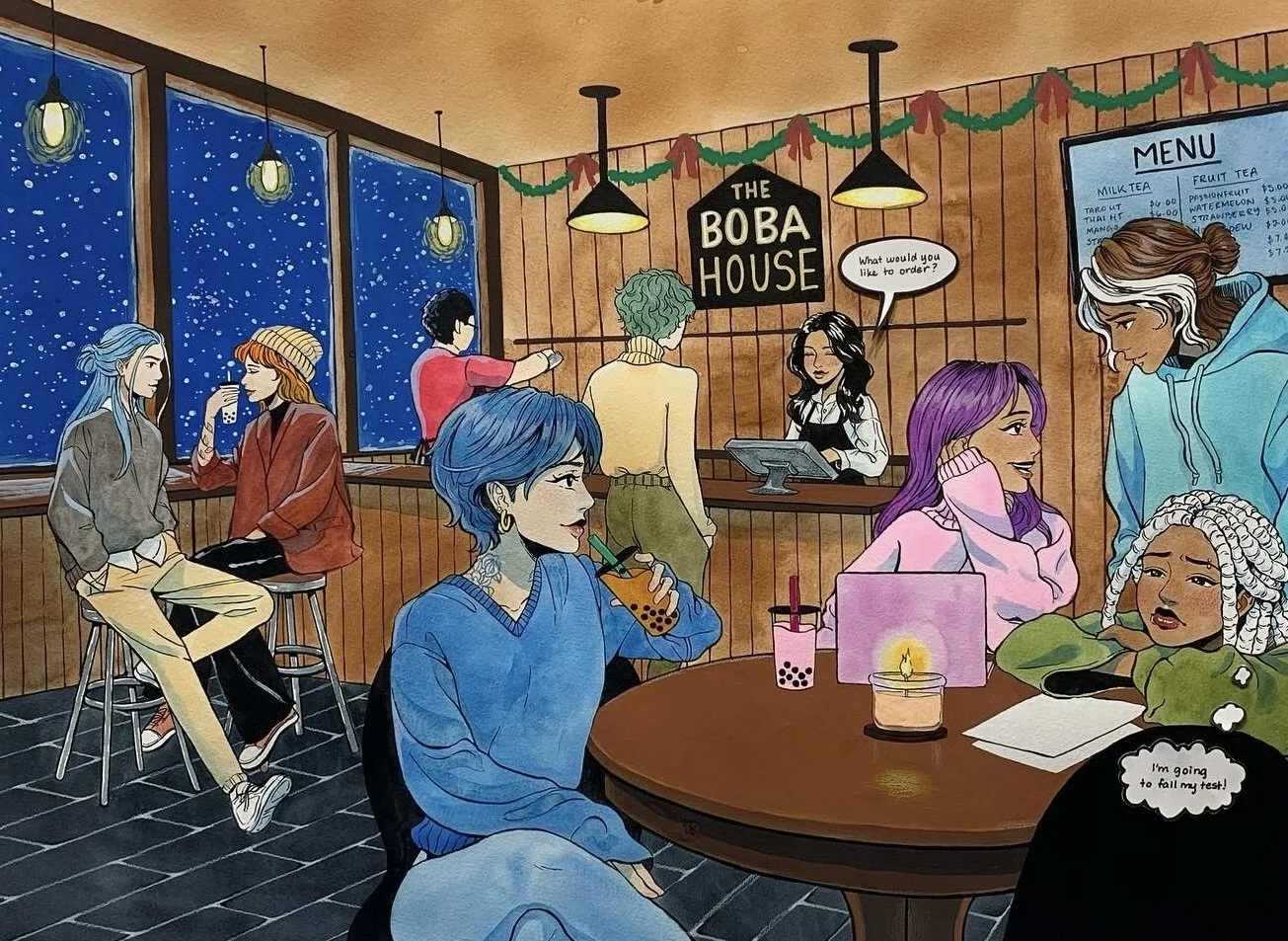 A cozy boba tea shop with several young women and a young man enjoying drinks. Two women are sitting at a table, one with blue hair and a tattoo, drinking bubble tea; another with purple hair and pink sweater, talking. A girl with white hair and brai
