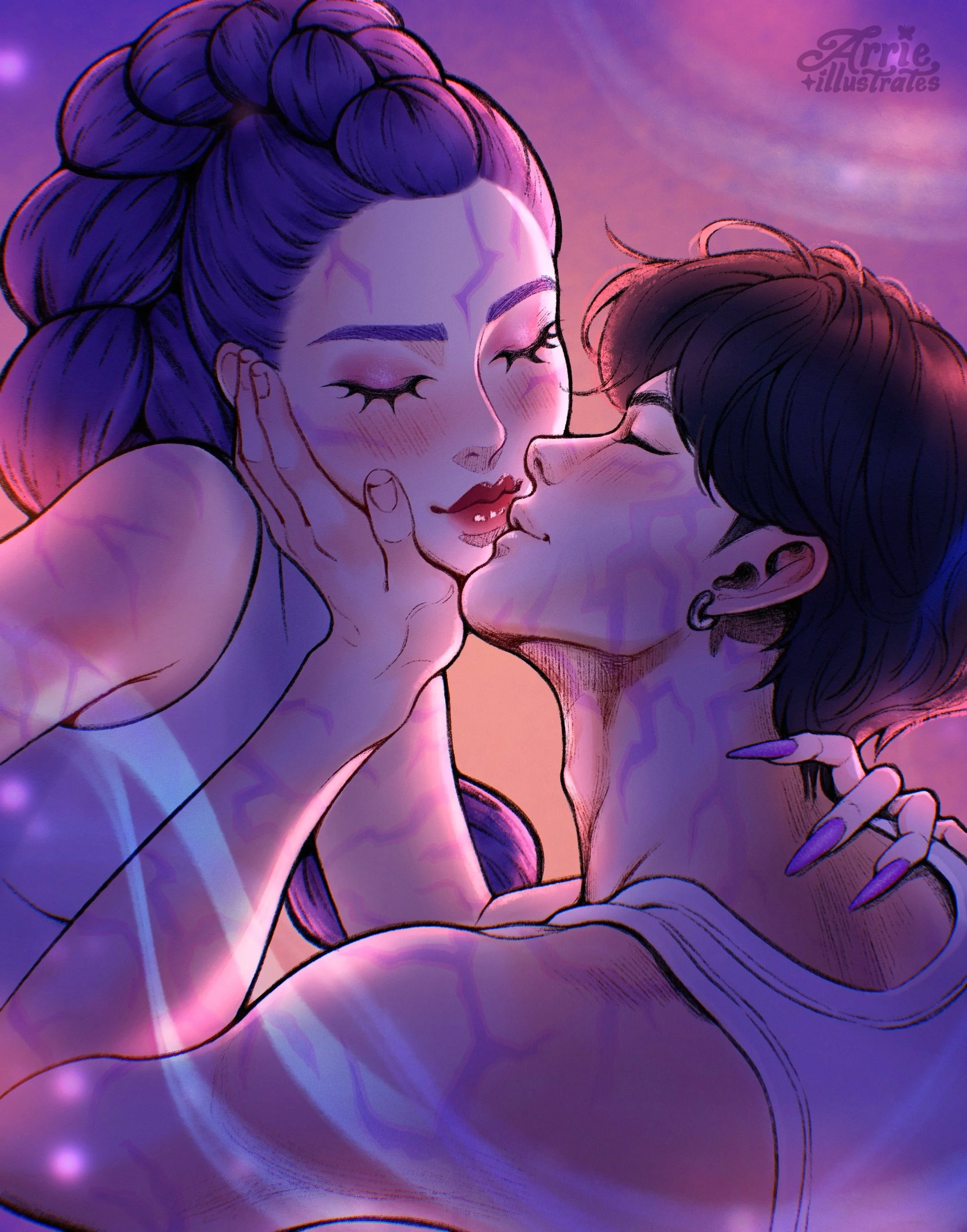 A digital illustration of a couple about to kiss. The woman has purple hair styled in large buns and is touching the man's face gently, with her eyes closed. The man has short, dark hair, earrings, and is leaning in towards the woman with his eyes cl