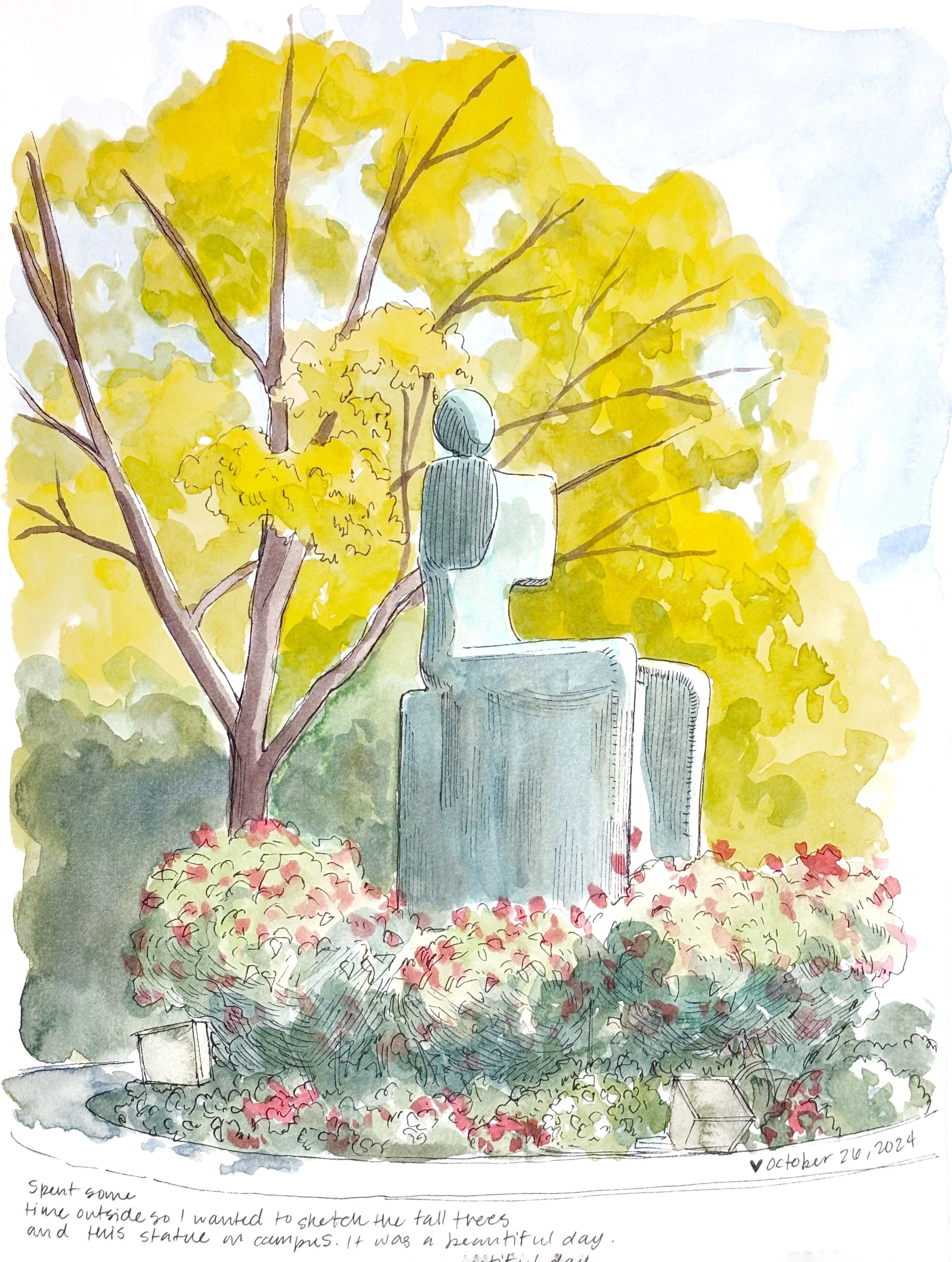 Watercolor painting of a person sitting on a stone sculpture outdoors surrounded by autumn leaves and flowering bushes, with a tree with yellow foliage in the background. The scene appears peaceful and sunny, with a handwritten note and date at the bottom.