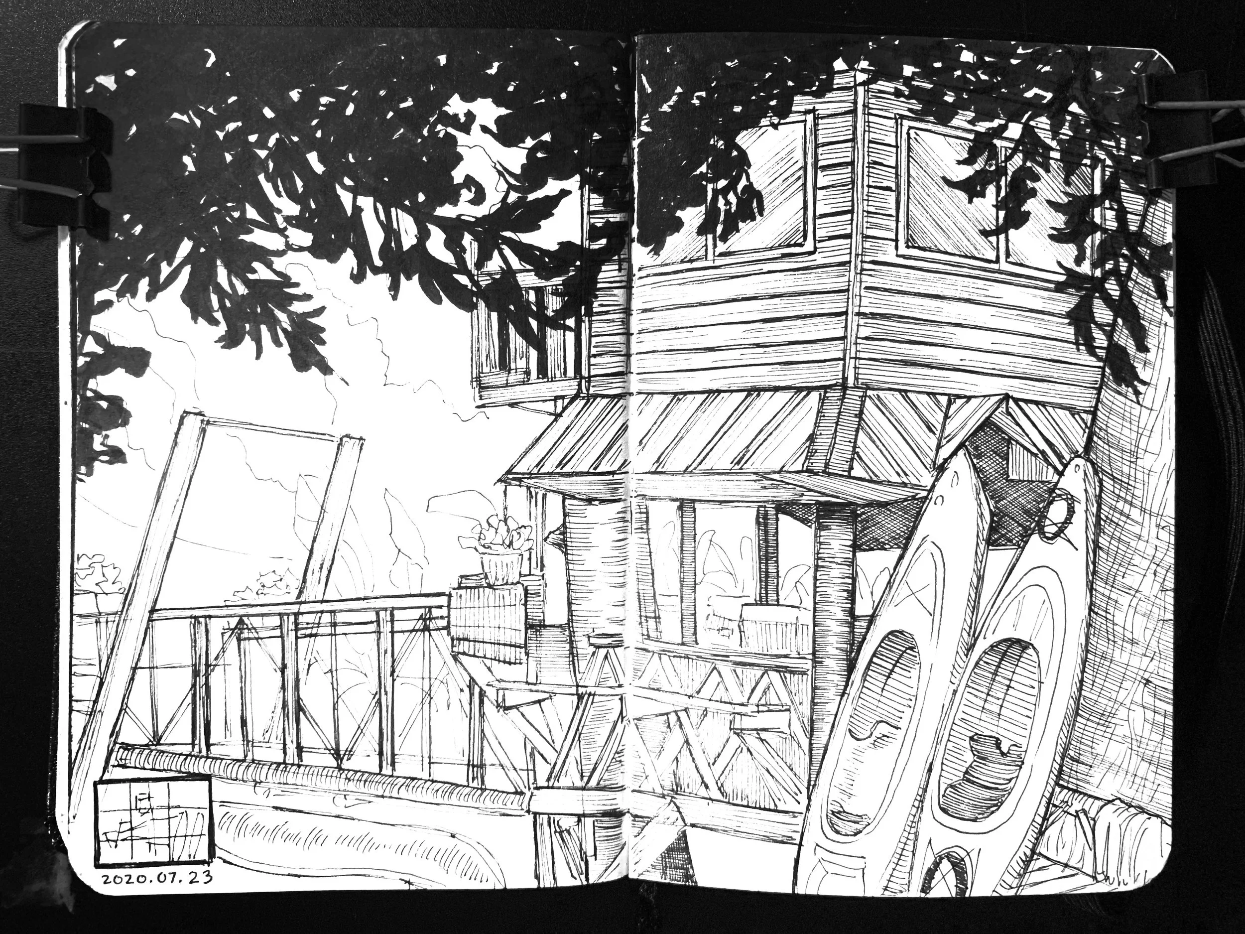 Black and white sketch of a treehouse with a deck, trees and a sky in the background, a skateboard leaning against the railing, and a potted plant on the deck.