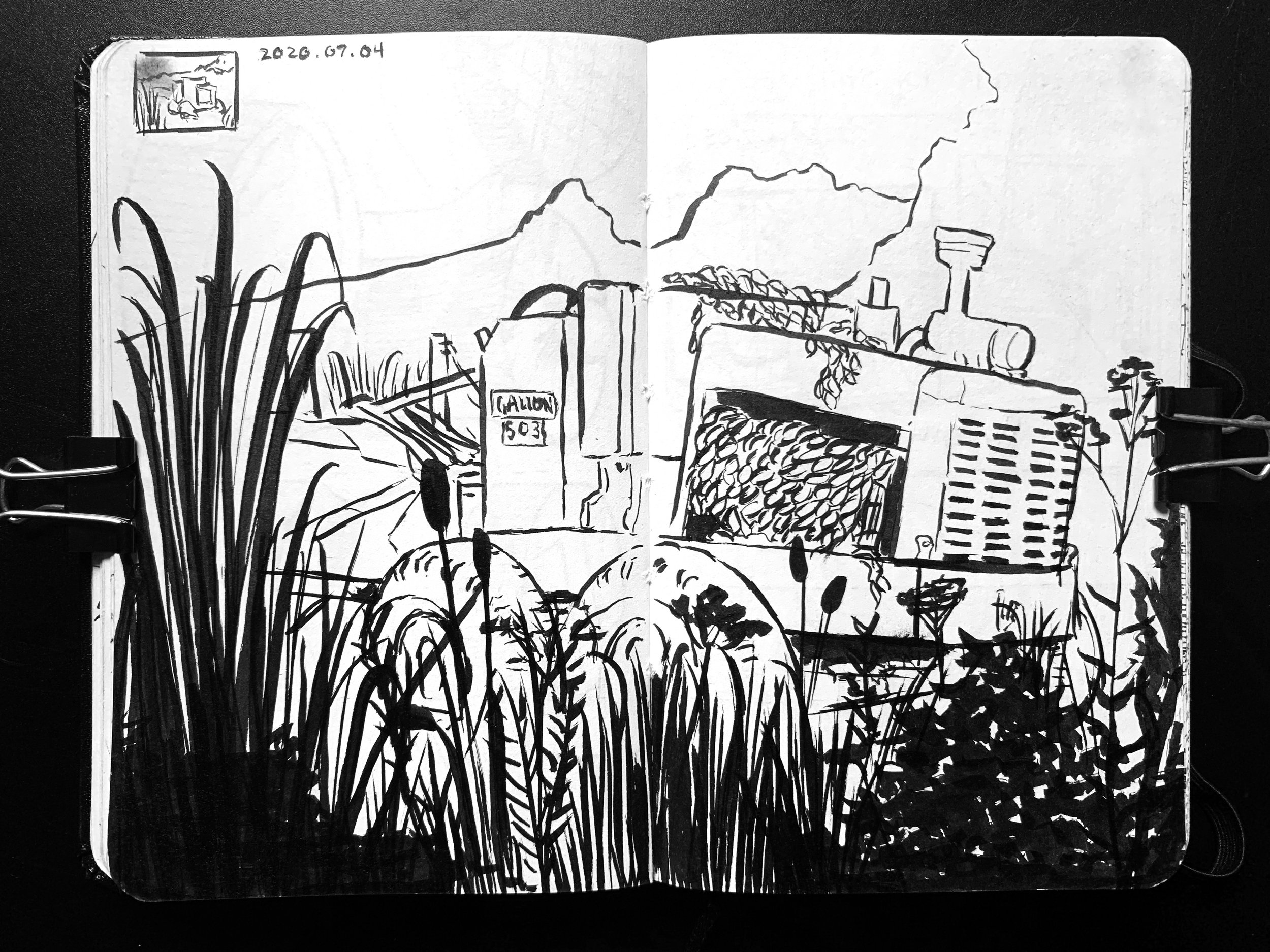 Black and white line drawing of a rural scene with tall grasses in the foreground, an industrial building with a chimney and a sign reading 'GALLON 503' in the middle ground, and mountainous terrain in the background.