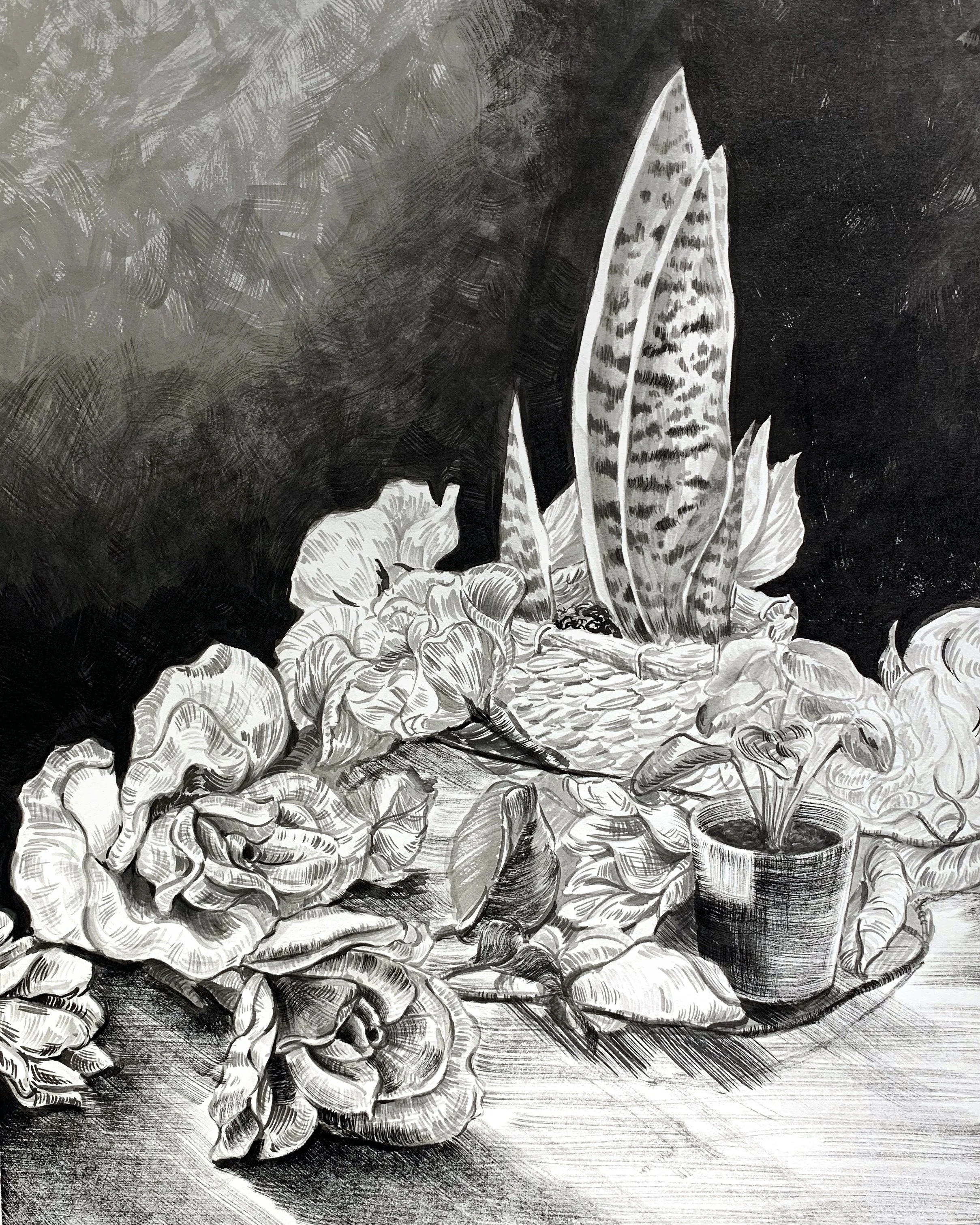 Sketch of a residential building with trees, parked cars, streetlamp, and a sidewalk.