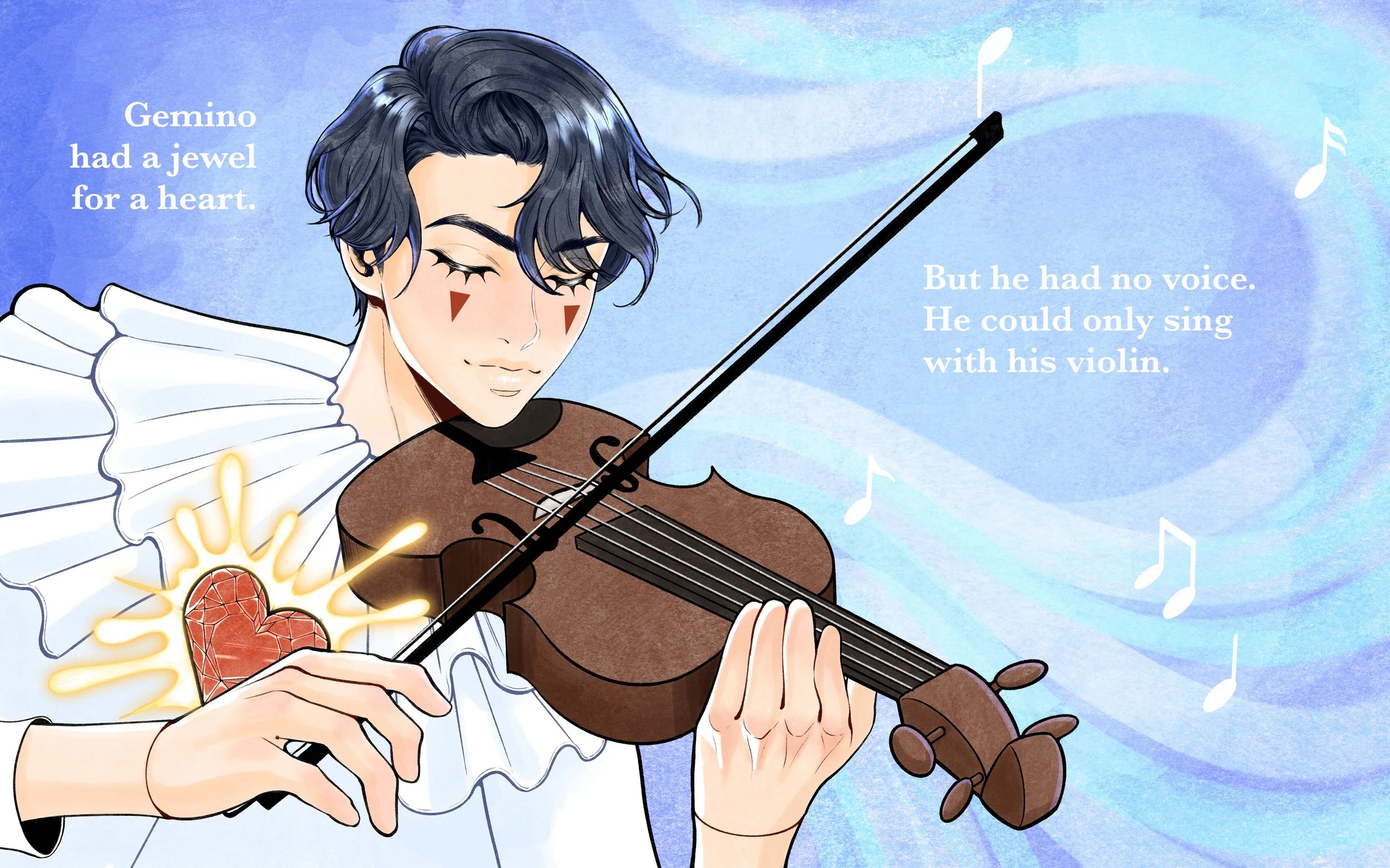 A digital illustration of a young man with dark, wavy hair playing a violin, with a joyful expression and closed eyes. He has red markings on his cheeks and a glowing red heart with a gemstone inside on his chest. The background features a blue, swirling sky with musical notes, and text that reads: 'Gemino had a jewel for a heart. But he had no voice. He could only sing with his violin.'