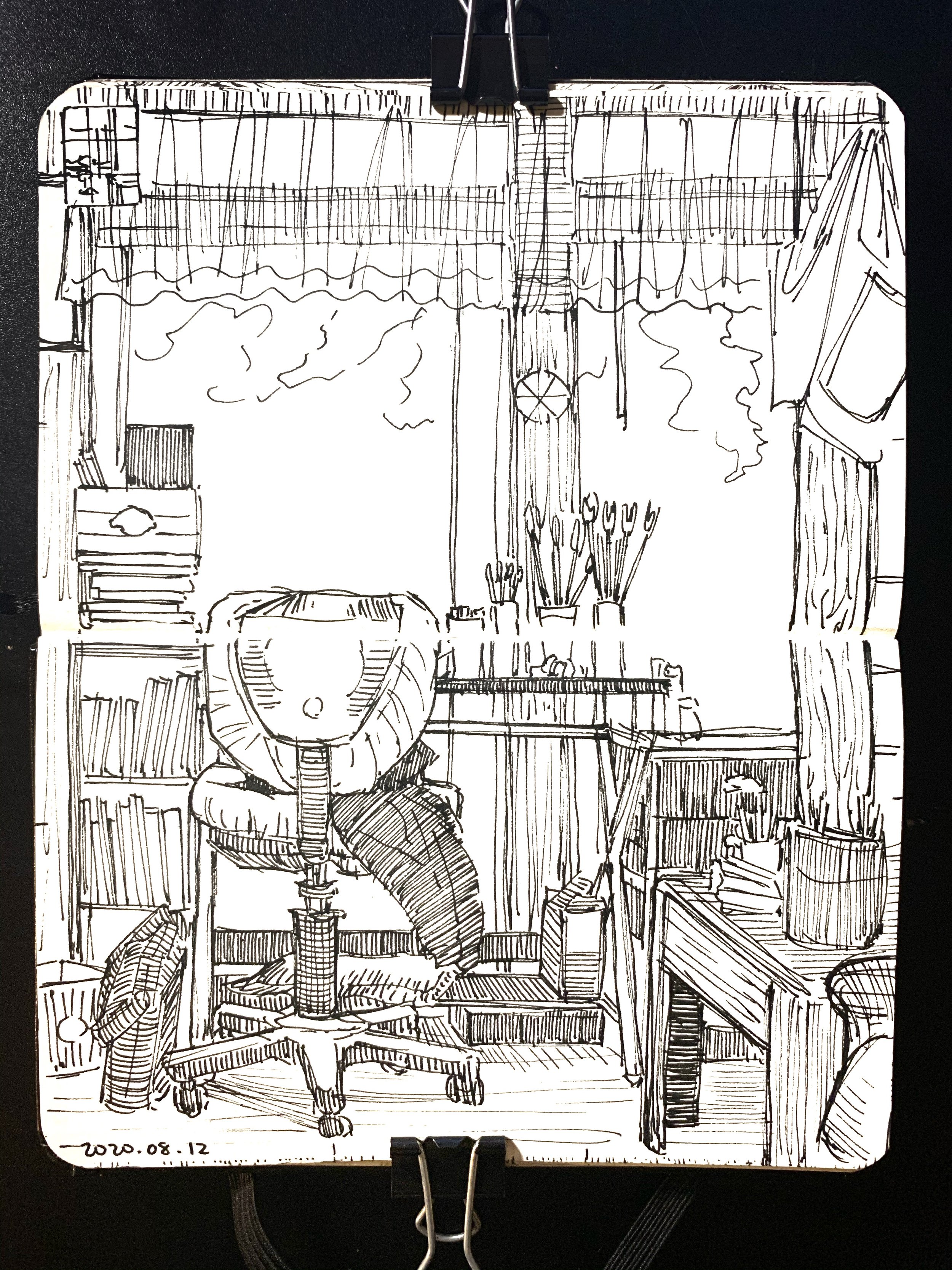 A detailed black and white sketch of an artist's studio filled with various objects, including an office chair, bookshelves, a desk, pots of plants or brushes, and a window with curtains.