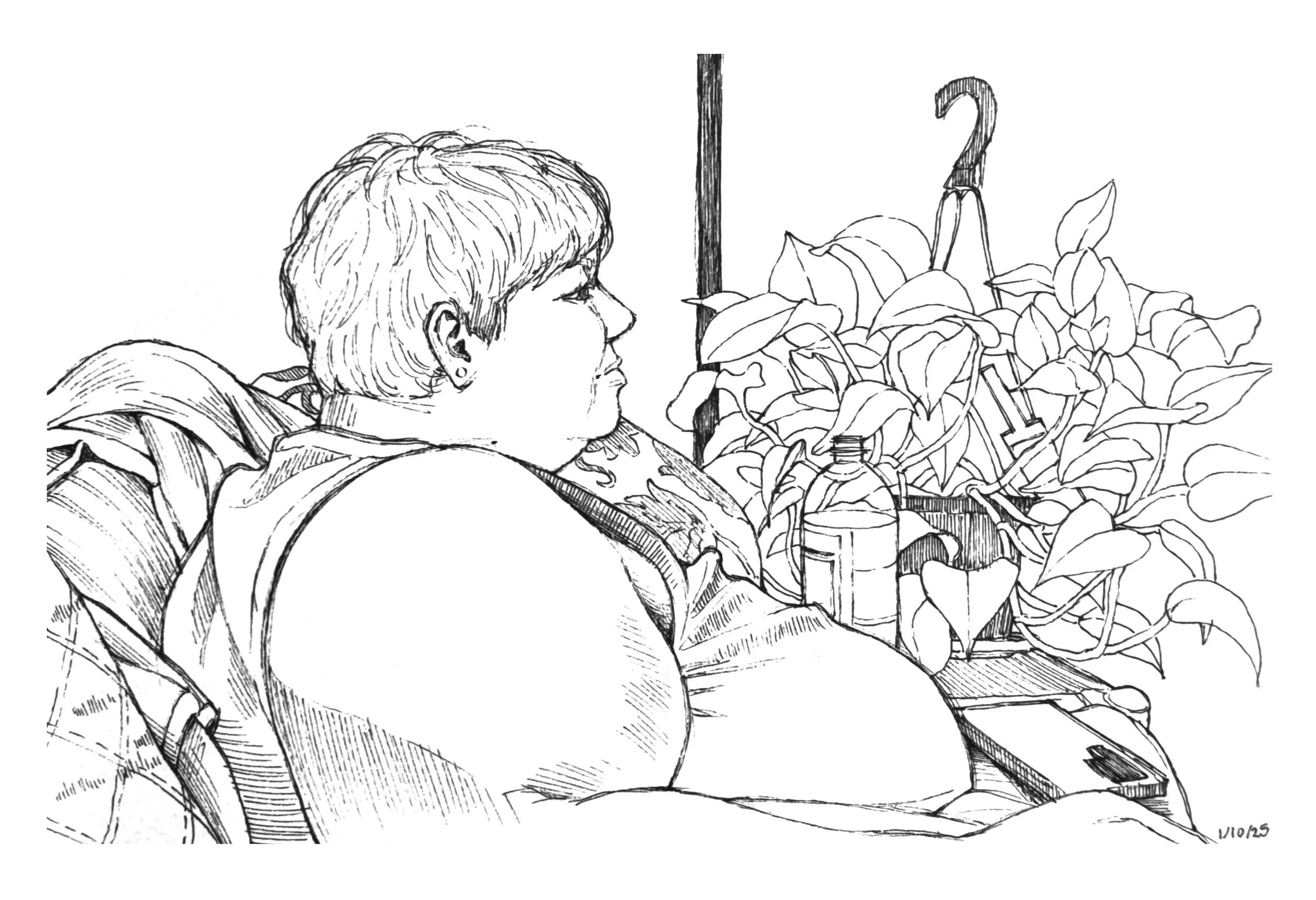 Line drawing of a person with short hair sitting on a couch near a table with potted plants, a water bottle, and a phone.