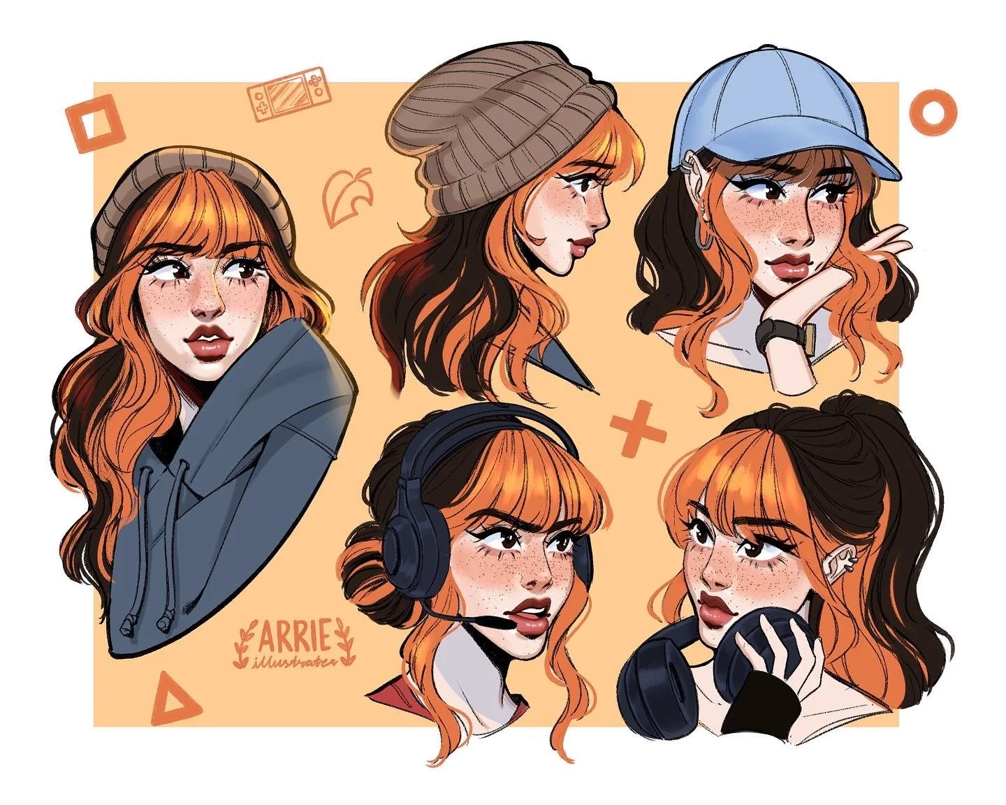 Digital illustration of a young woman with red hair in six different poses, wearing various accessories such as headphones, hats, and a headset, with a light orange background and decorative elements.