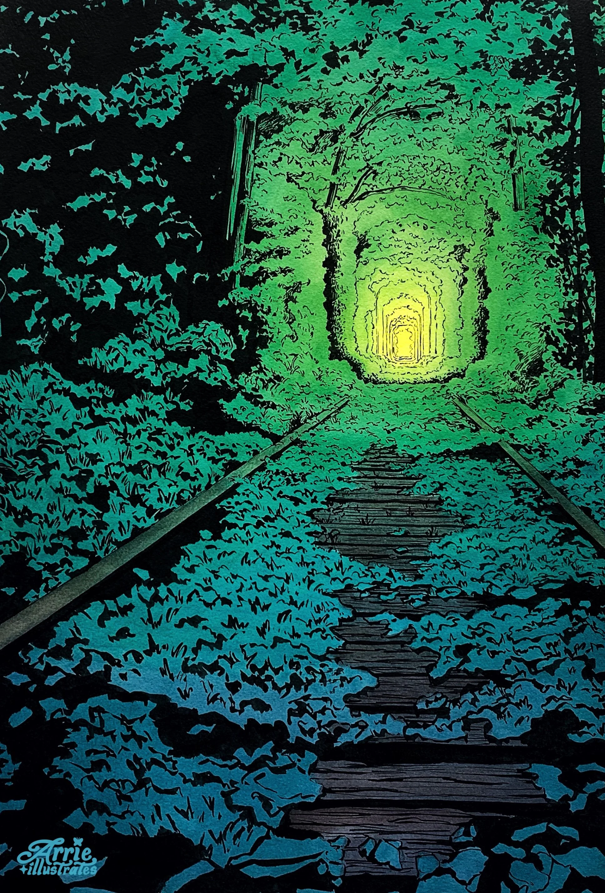 Colorful illustration of an overgrown railroad track leading through a tunnel of thick green foliage, with a bright yellow light at the tunnel's end.