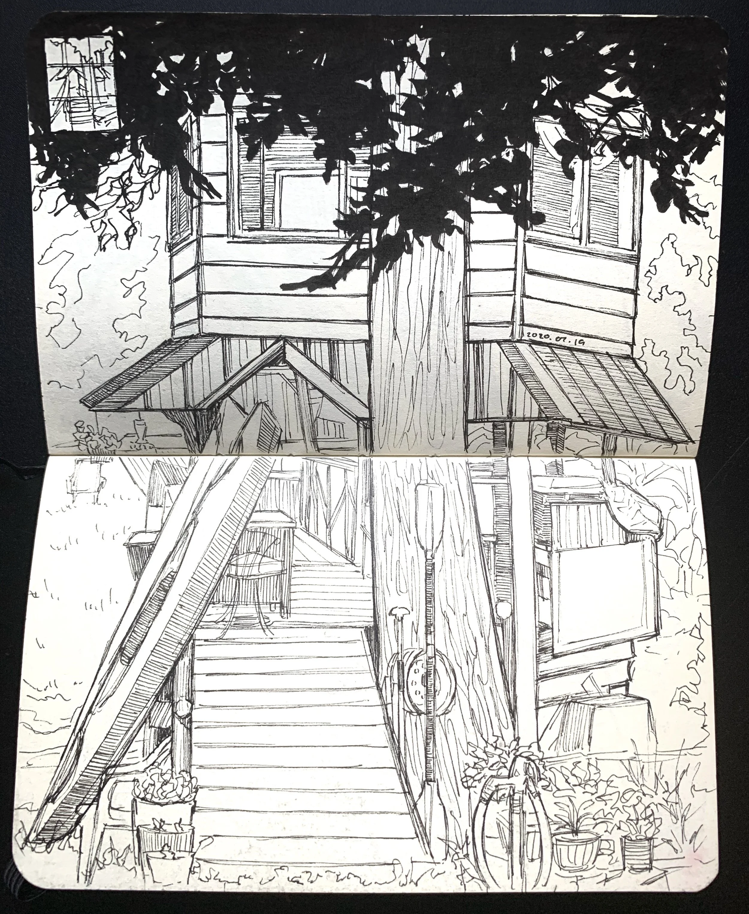 Black and white sketch of a treehouse with a staircase, surrounded by trees and plants.