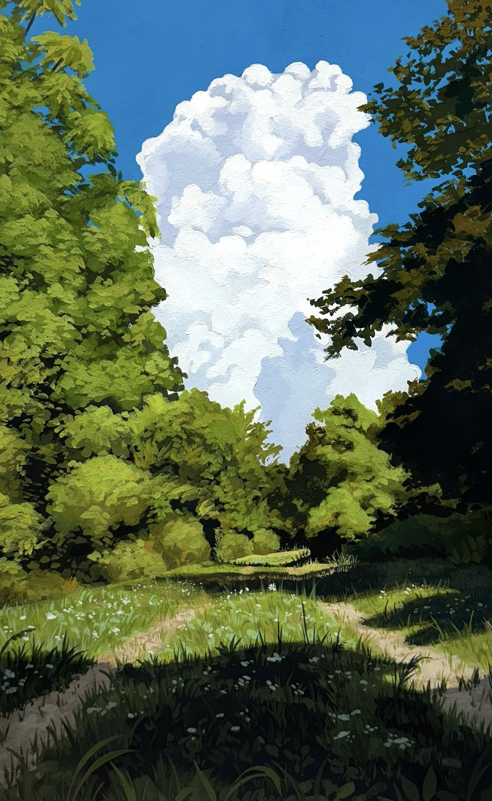 A painted landscape scene of a grassy path on a sunny day, surrounded by green trees on either side, with large white clouds against a bright blue sky overhead.