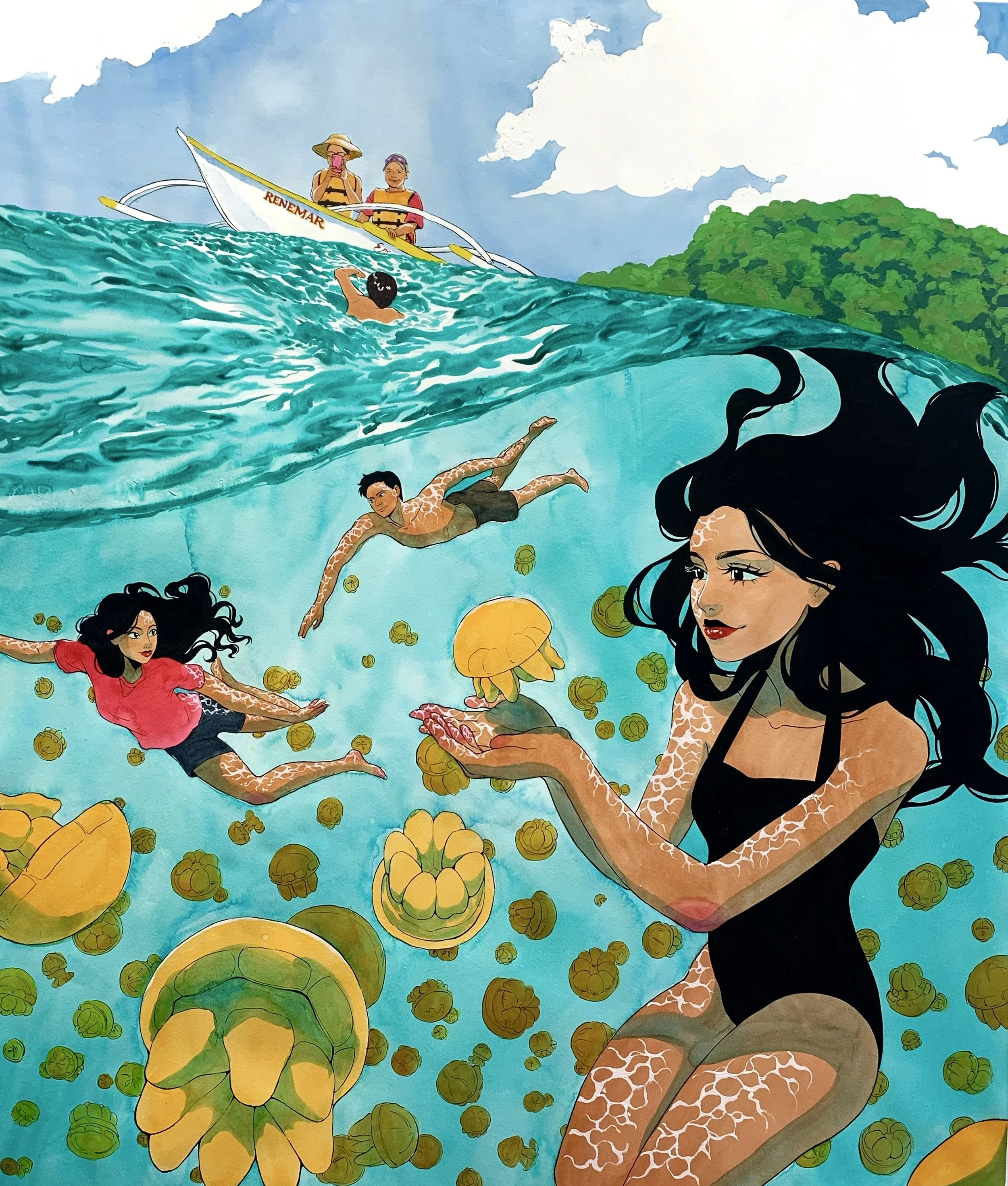 Colorful mural showing women in the water collecting yellow sea sponges, with a boat and lush green island in the background.