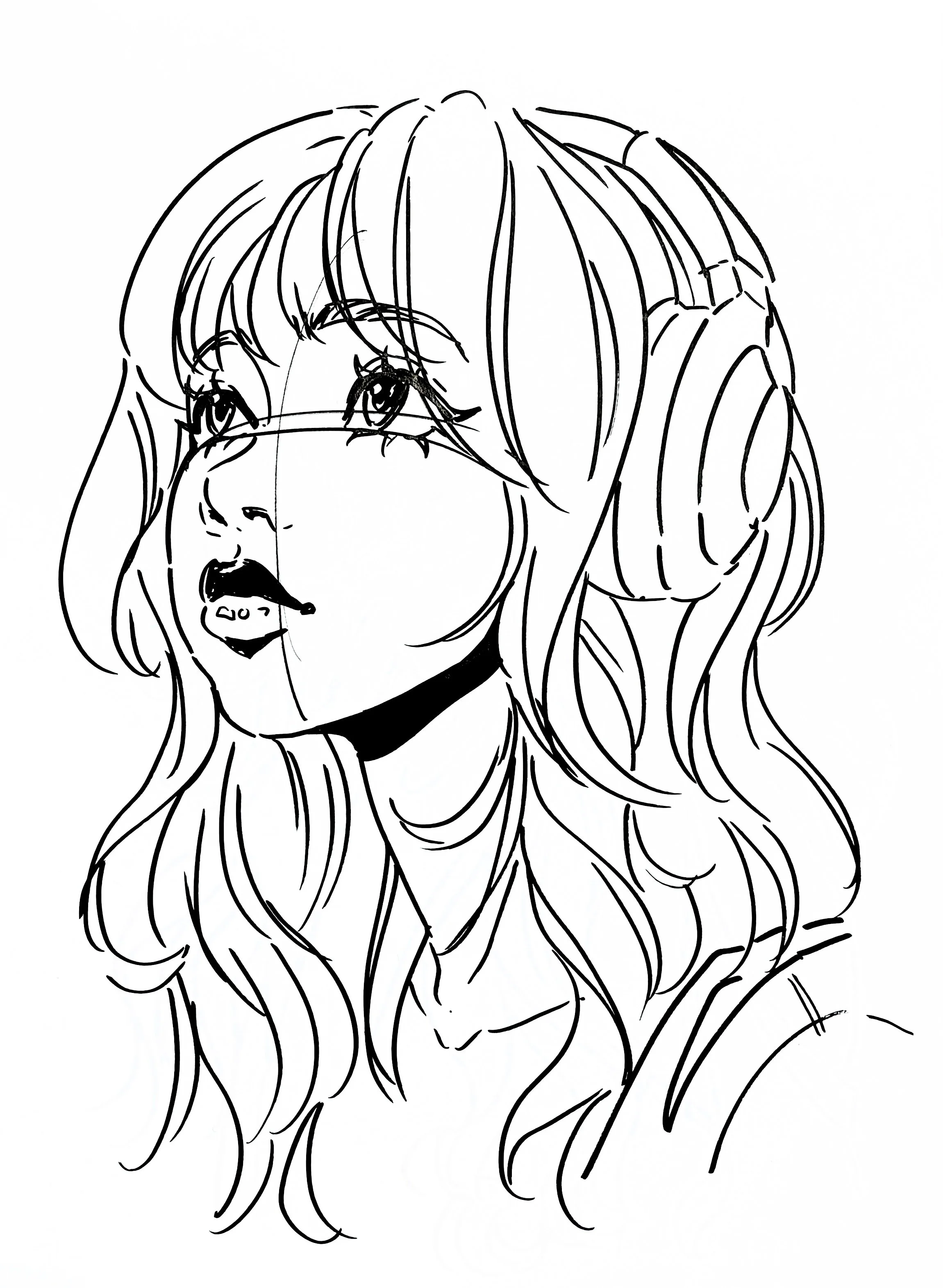 Line drawing of a woman with wavy hair, wearing headphones, glasses, and a choker, with her mouth slightly open.