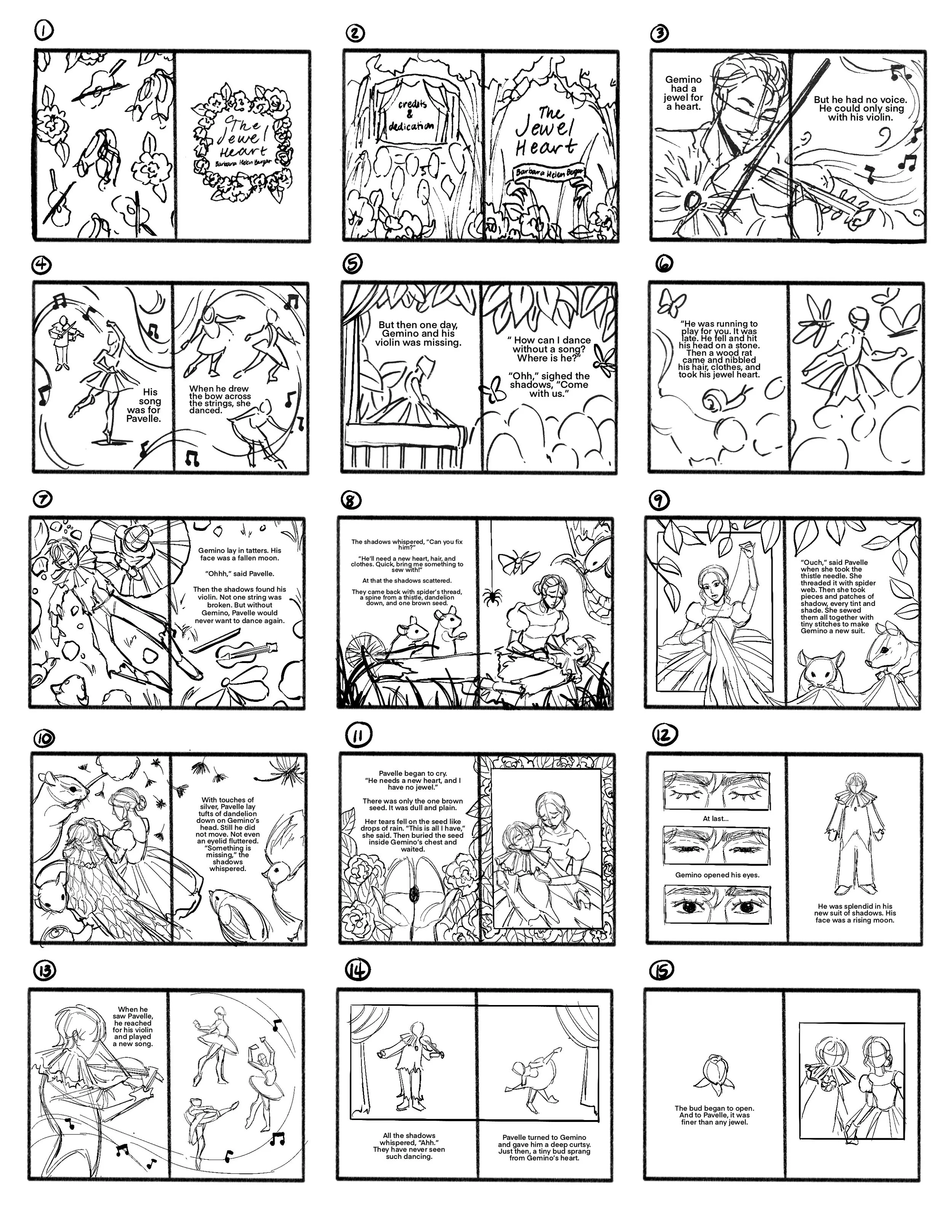 A black-and-white comic page storytelling a story about Gemino and a violin, with various scenes showing a young girl, a violin, shadows, and a young boy, with text narrating the story.