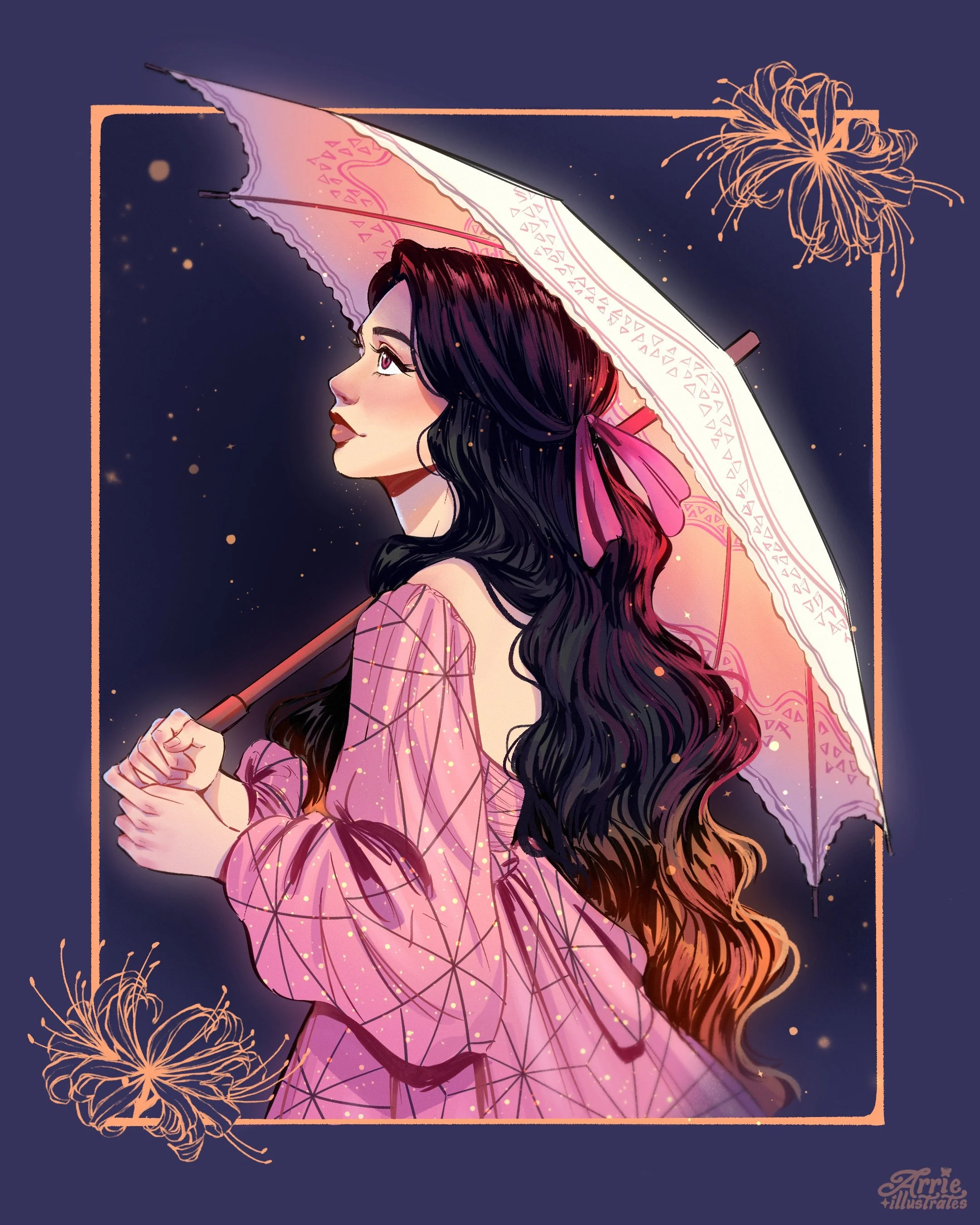 Digital illustration of a woman with long black hair holding a pink and white umbrella. She is wearing a pink patterned dress with a pink ribbon in her hair. The background is dark blue with glowing orange floral accents and a firework in the top rig