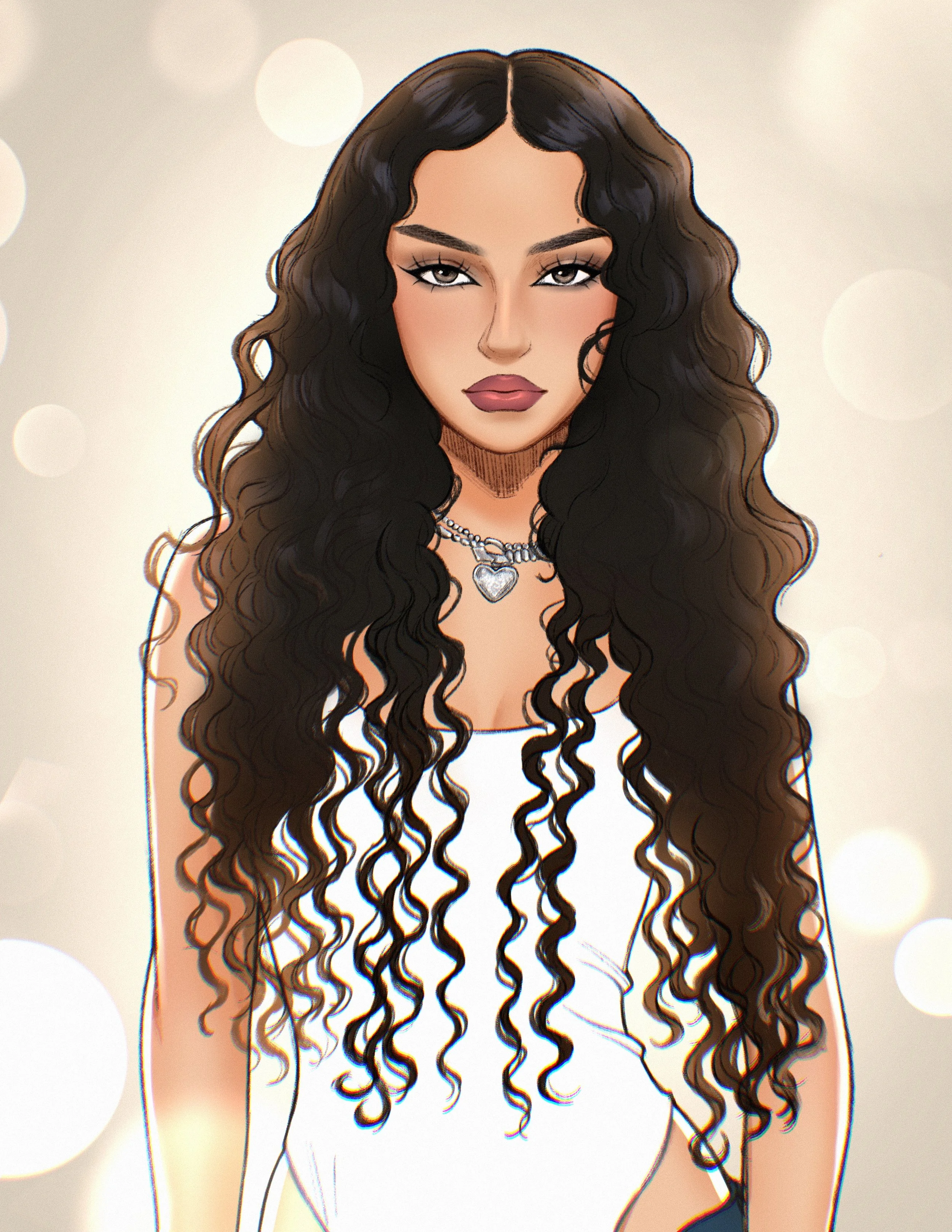Digital illustration of a woman with long, curly dark hair, wearing a white top, a silver heart-shaped necklace, and makeup with bold eyebrows and lips, against a light, bokeh background.
