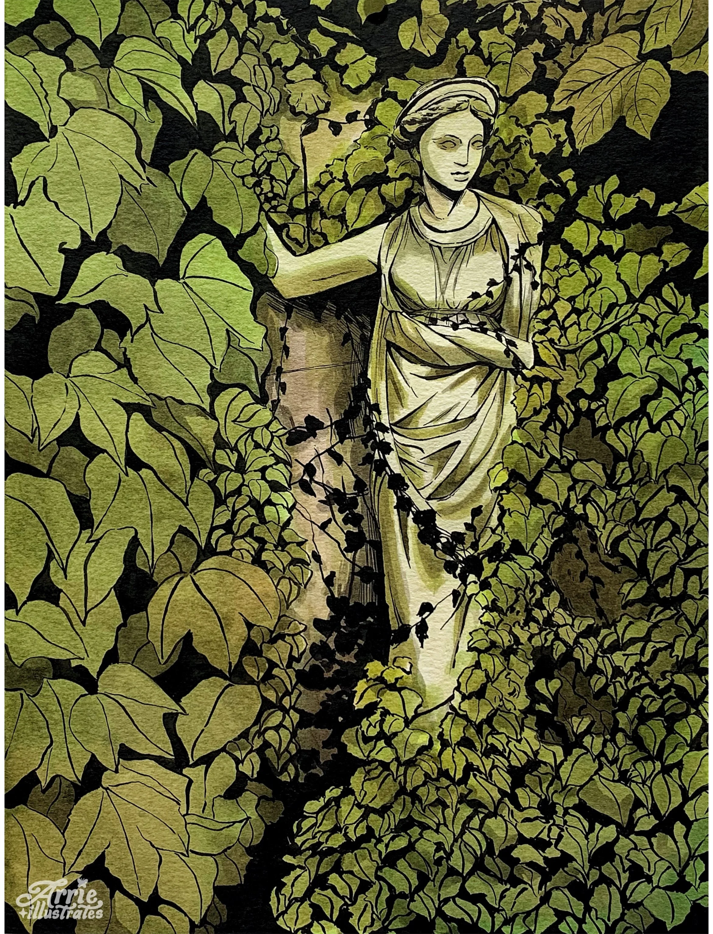 A woman in a long dress with an overgarment stands among dense green ivy leaves and vines, holding a branch or vine in her right hand. The scene is artistic with a watercolor style.