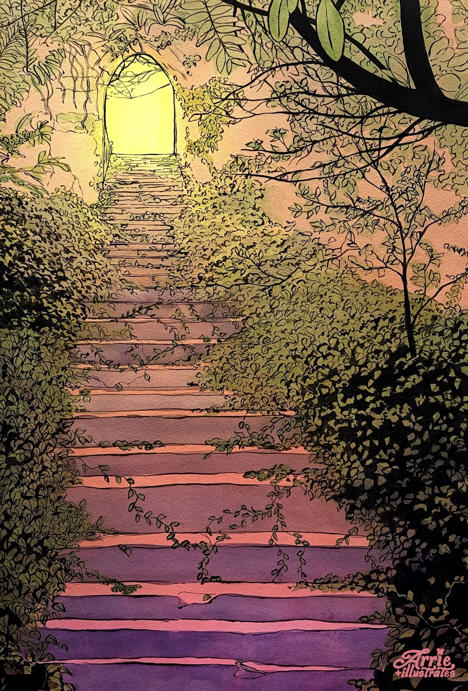 An illustrated pathway of stone steps surrounded by bushes and trees, leading toward a glowing arched doorway at the top, with sunlight shining through the opening.