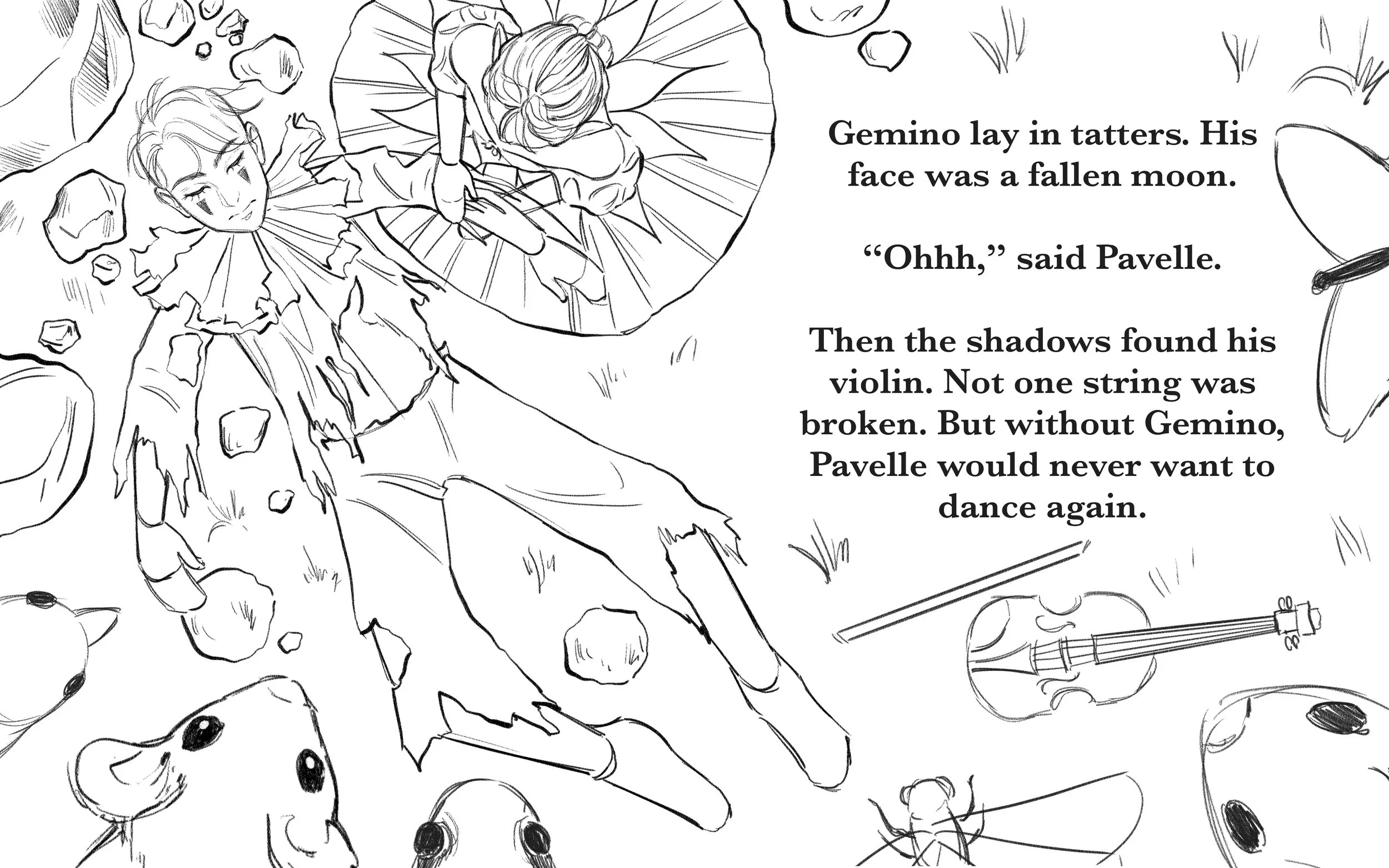 A black and white illustration of a fallen fairy with torn wings lying on the ground surrounded by rocks, a guitar, a bow, and a ladybug. A girl is seen leaning over a circular mirror or pond, looking at her reflection.