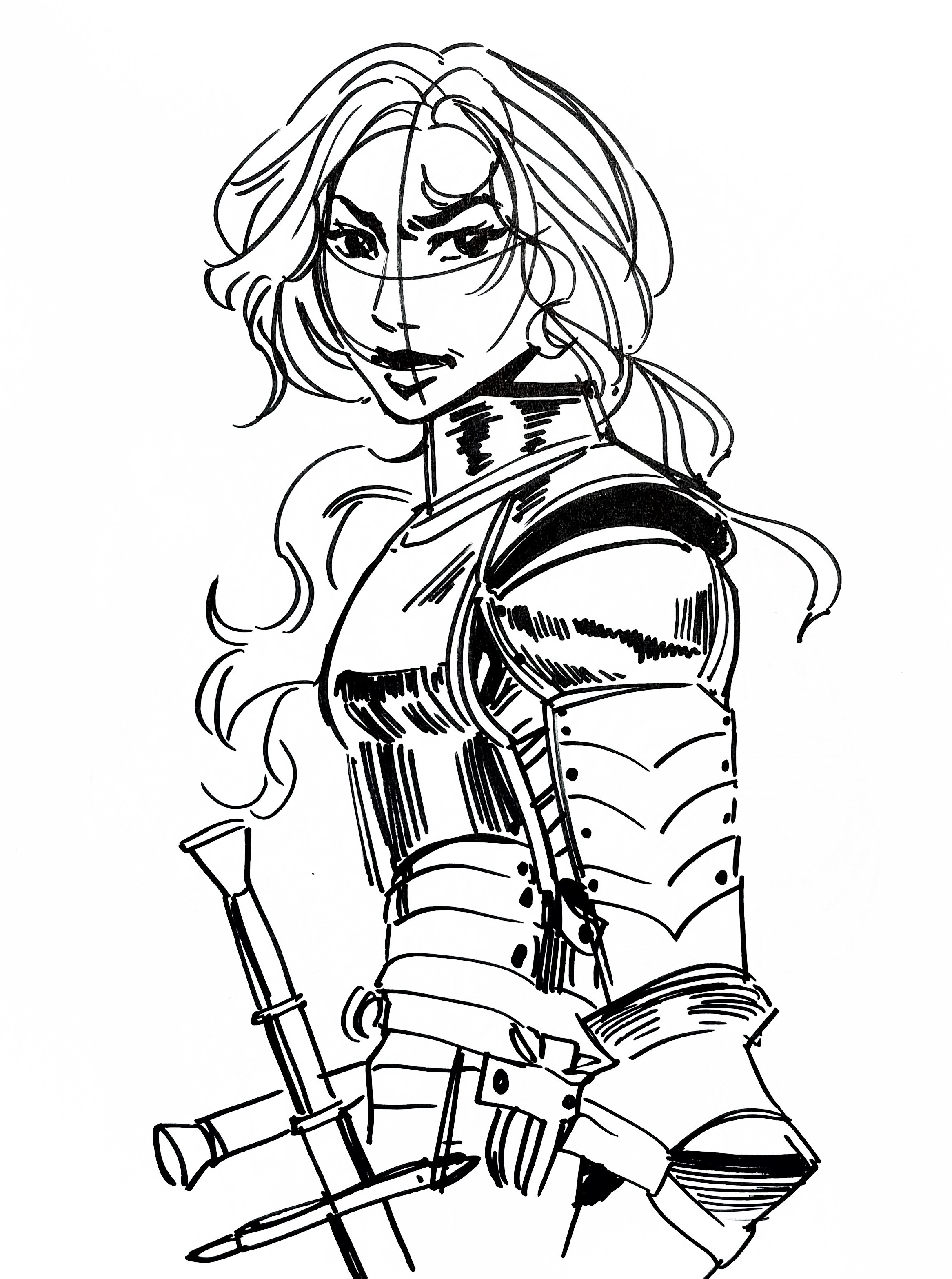Black and white line drawing of a female warrior in armor, holding a sword, with long, wavy hair and a confident expression.