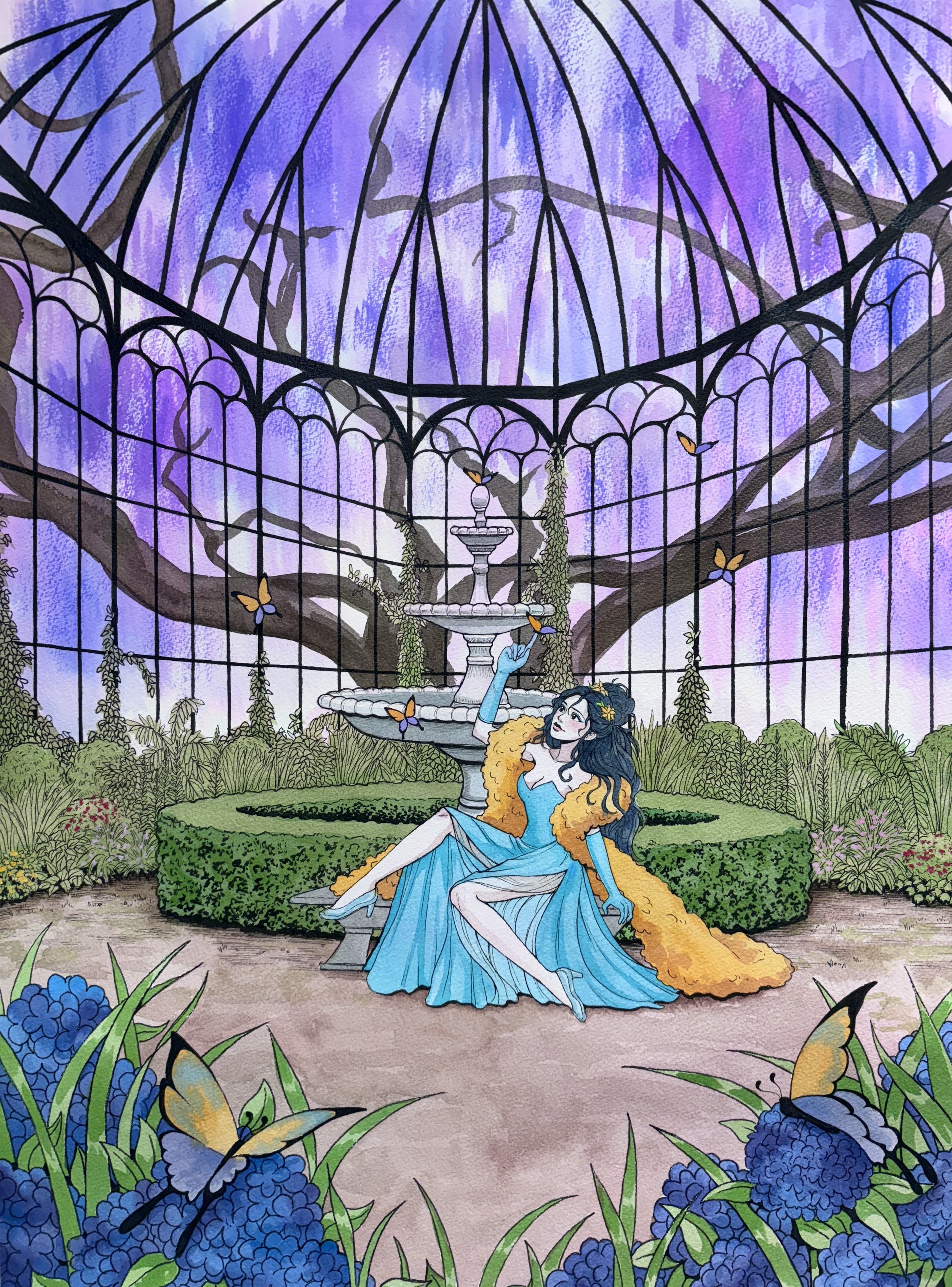 A woman with long dark hair in a blue dress and orange fur coat sitting on a bench inside a glass greenhouse with purple sky and large tree in background, surrounded by butterflies, grapes, and lush greenery.