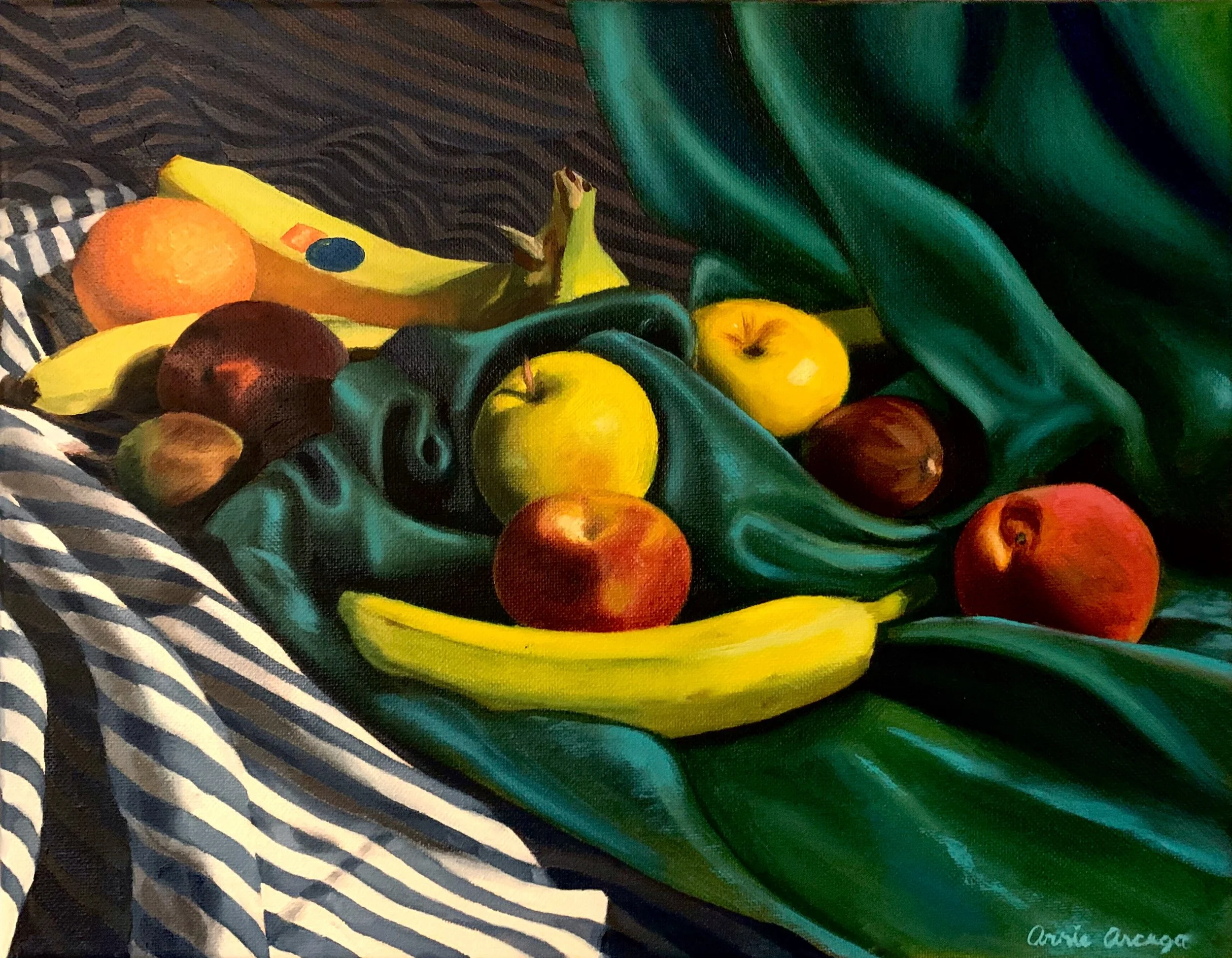 Still life painting of assorted fruits including bananas, apples, oranges, figs, and a peach on a dark and patterned background with a green cloth.