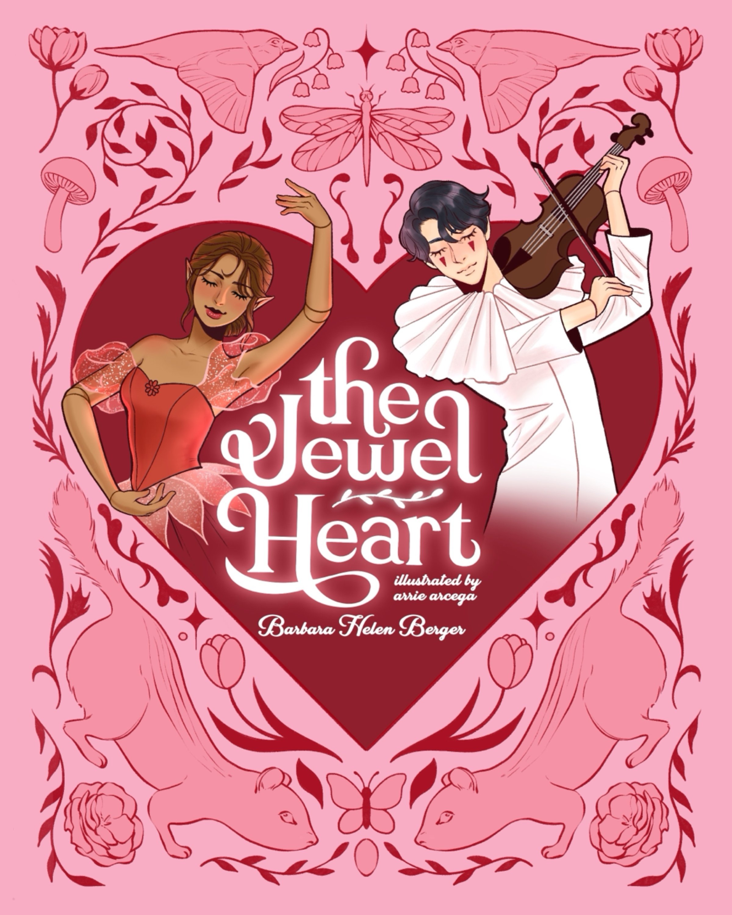 Book cover titled "The Jewel of Heart" featuring a female elf-like character in a red dress with flower and leaf designs, her eyes closed in a joyful expression, and a male character playing a violin wearing a white shirt, surrounded by pink and red floral and mythical creature illustrations, including rabbits, butterflies, and dragons.