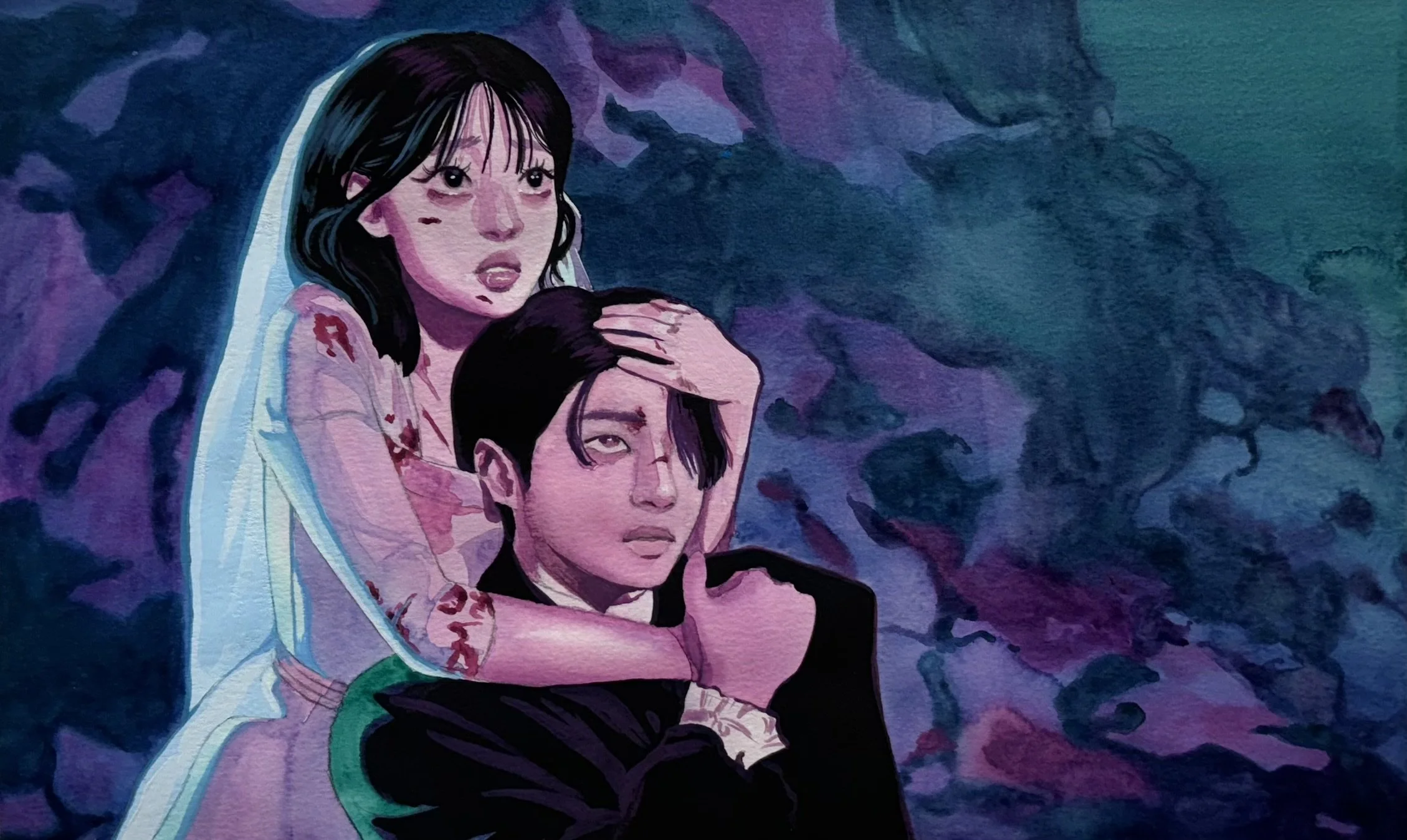 Illustration of a woman with black hair and a man with black hair, hugging. The woman has her arm around the man's shoulder, and the man is holding her hand with his head resting on her shoulder. The background features dark, abstract, colorful shape