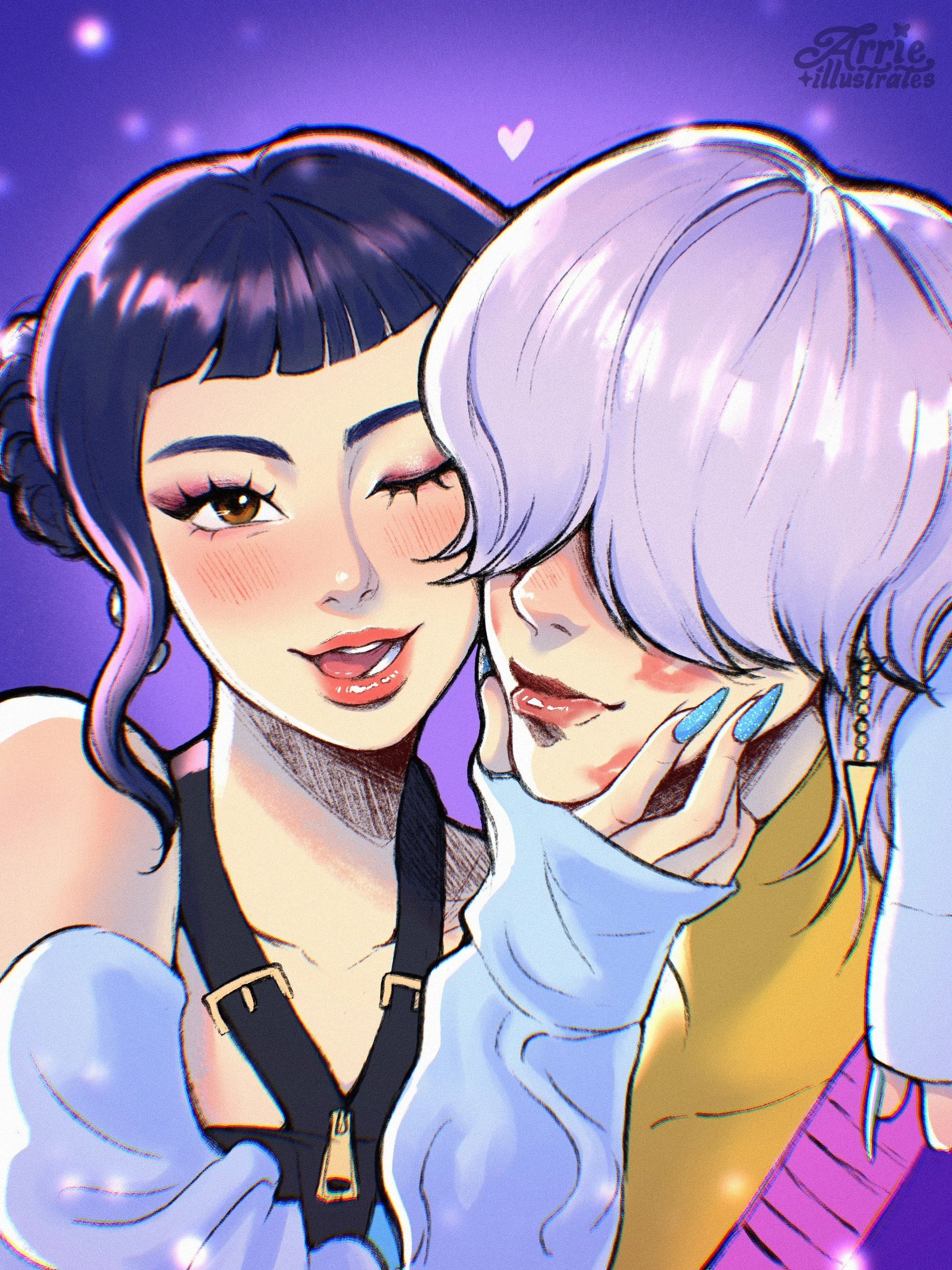 Digital illustration of two women with pastel hair, one with black hair in braids and the other with silver hair, smiling and posing closely together against a purple background with hearts.