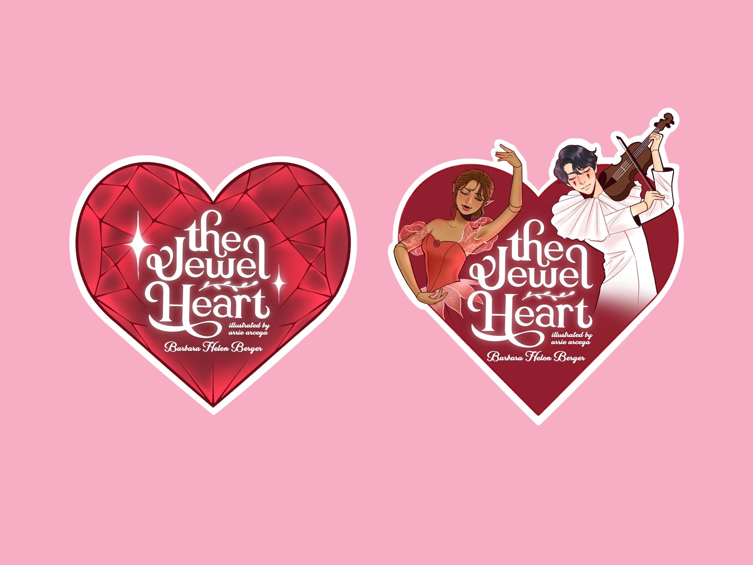 Two book covers for "The Jewel Heart" by Barbara Helen Berger, with a pink background. The left cover features a red heart with a diamond pattern. The right cover shows an illustration of a woman in a red dress dancing and a man in a white suit playing a violin, both inside a red heart shape.