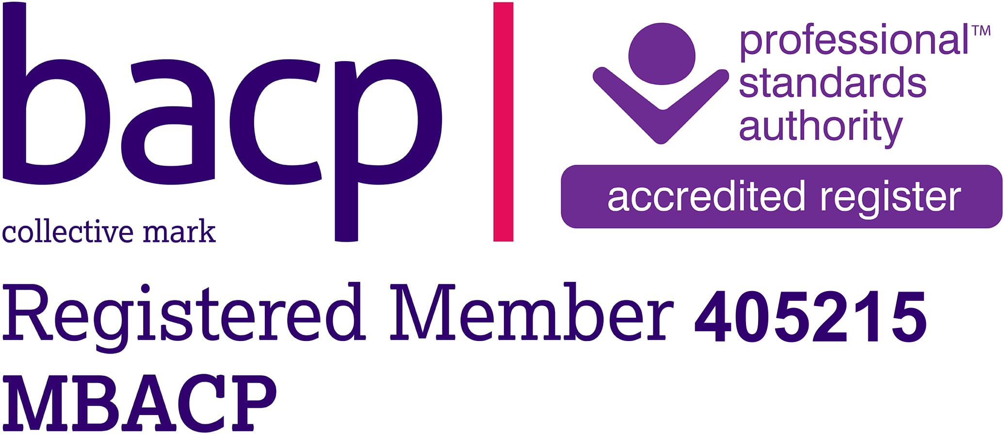 BACP logo with text indicating accreditation and registered member number 405215 MBACP.