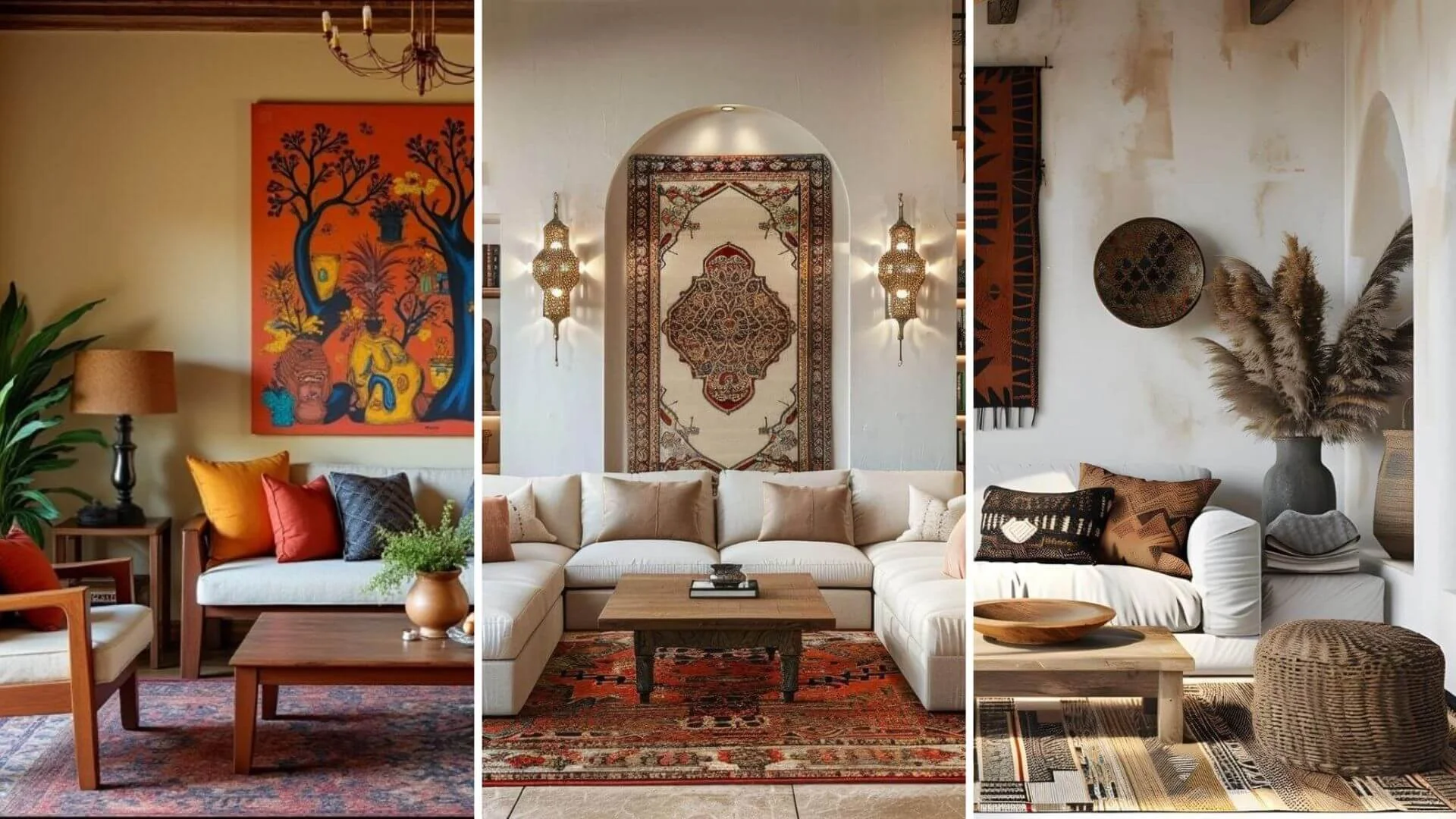 Collage of three different living room interiors featuring various styles of sofas, wall art, and decorative items.
