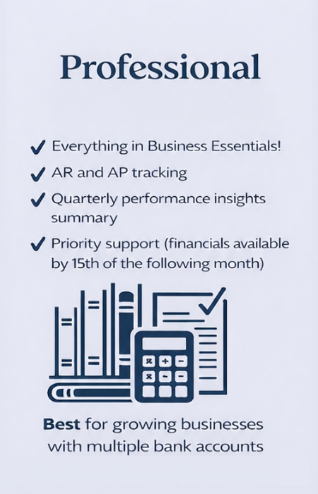 A promotional flyer highlighting professional financial services, including business essentials, AR and AP tracking, quarterly performance insights, and priority support with financials due by the 15th, featuring icons of books, a calculator, and documents.
