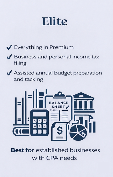 Flyer for Elite business services including premium benefits, tax filing, budget prep, with icons of books, calculator, balance sheet, bank, calculator, and pie chart, promoting services for established businesses with CPA needs.