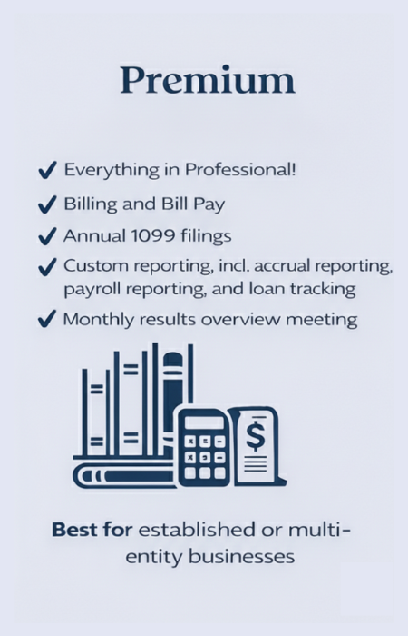 Promotional flyer for a business service offering professional billing, reporting, and monthly meetings, with a graphic of books, calculator, and receipt, tailored for established or multi-entity businesses.