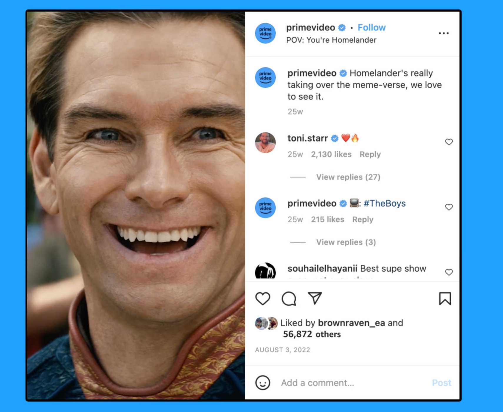 The Boys meme – Angry vs Calm Homelander showed how the brand listened to fan commentary when a single Tweet led to our stacked IG meme to perfectly capture the fan’s sentiment – and created 10.4% Engagement vs 8% YTD.