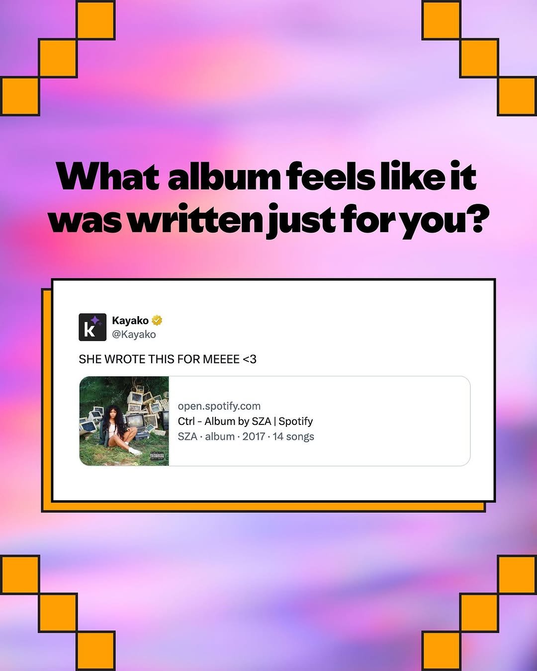 A colorful background with a question in bold black text: "What album feels like it was written just for you?" Below, a social media post by Kayako shows her sitting in front of a collection of old computer monitors, with text indicating she wrote a 
