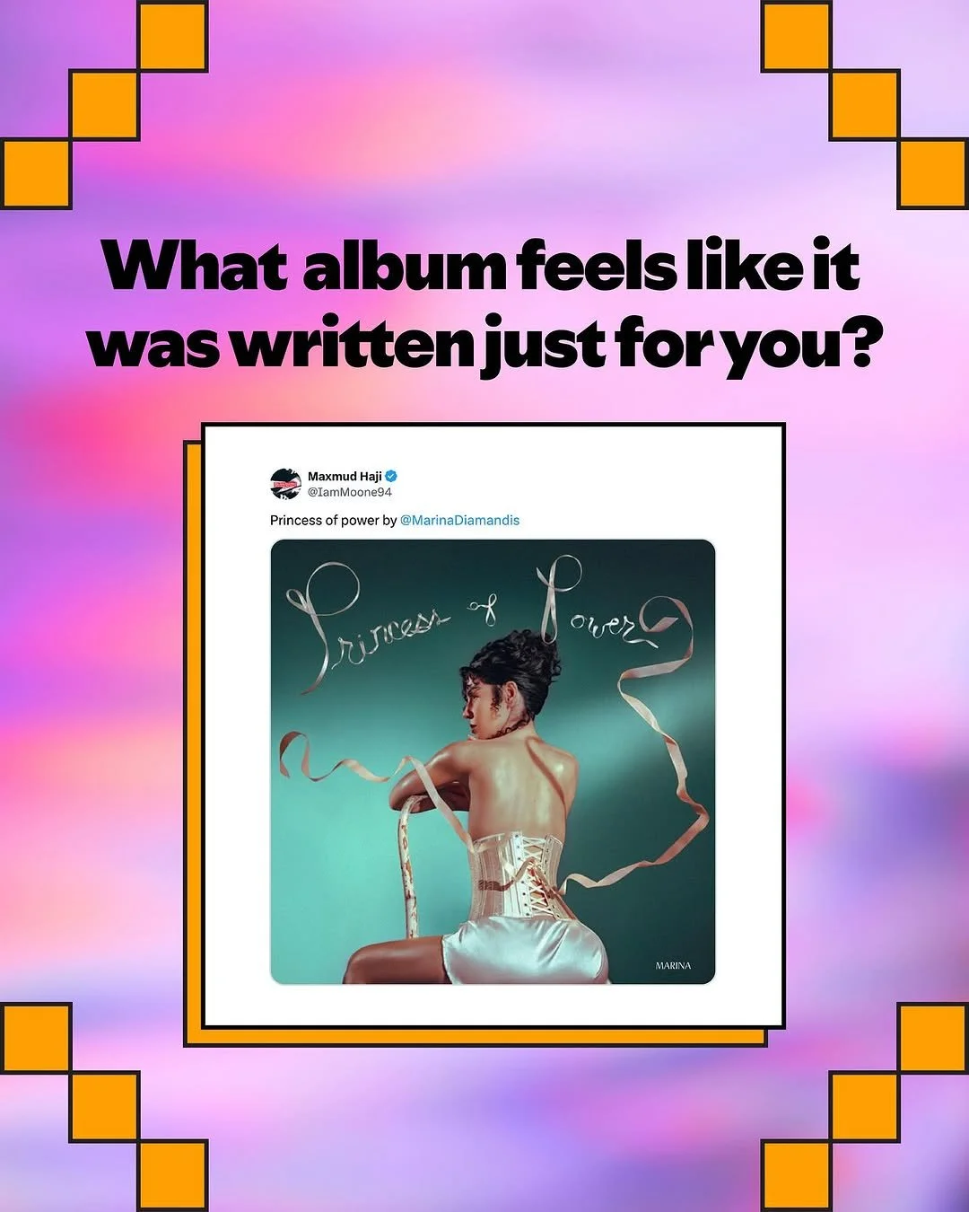 Colorful background with black text asking what album feels like it was written just for you, with a centered image of a woman with short dark hair sitting with her back to the camera, wearing a white corset and satin skirt, with ribbon-like text sur