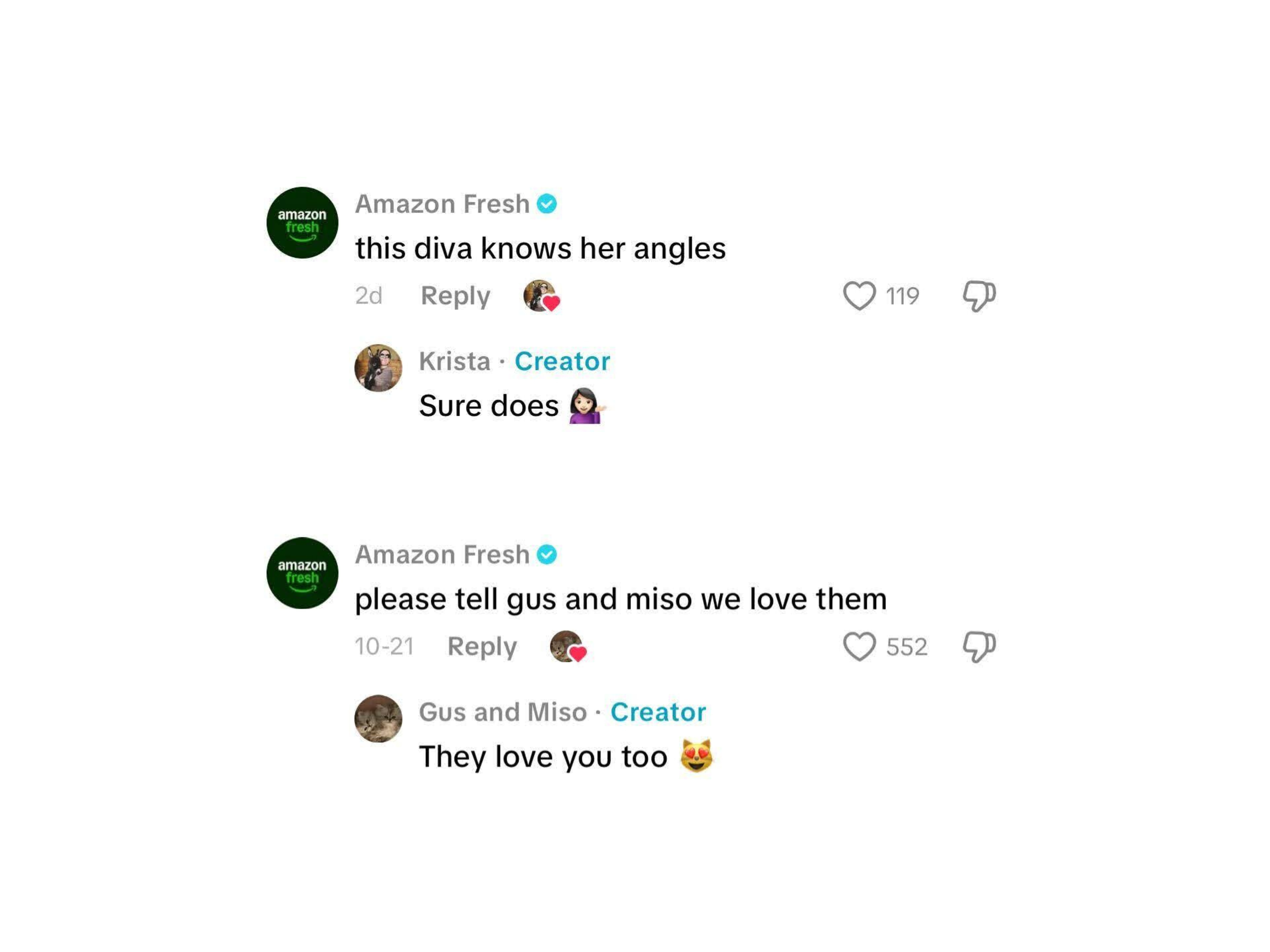 Comment interaction on social media between Amazon Fresh and Gus and Miso, mentioning a dog named Gus and a dog named Miso, with emojis and responses.