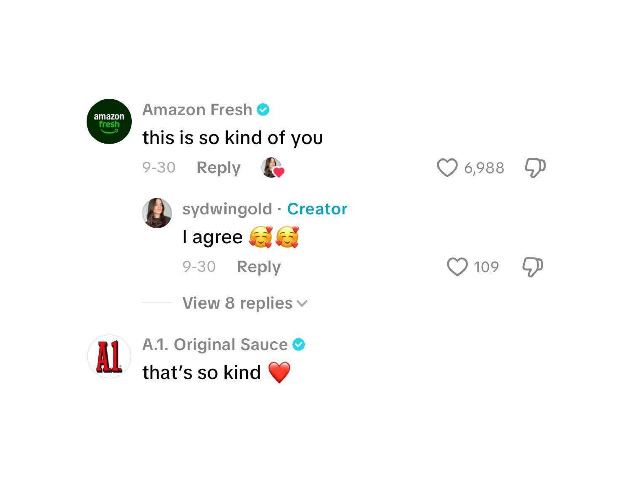 A screenshot of a social media comment thread featuring Amazon Fresh, a creator named sydwingold, and A1 Original Sauce, each expressing kindness and agreement with emojis.