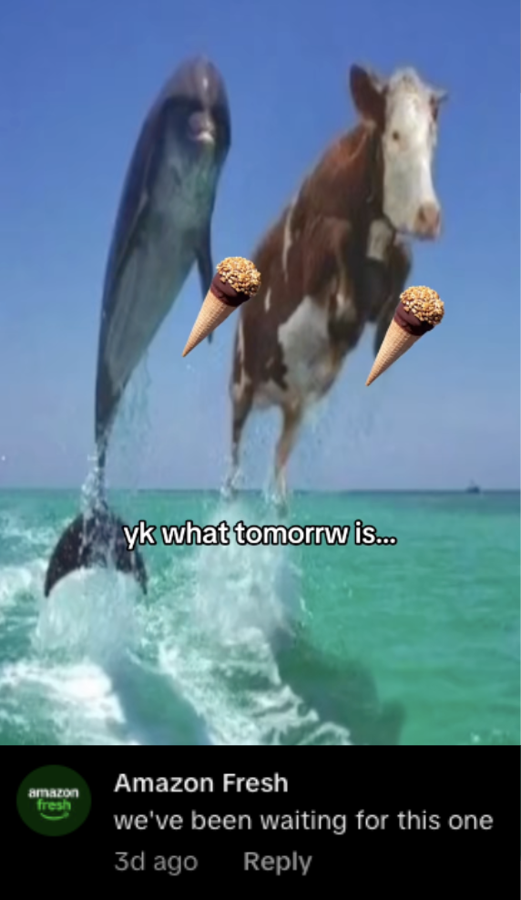 A catamaran with a dolphin and a horse on its side, with ice cream cones edited onto the dolphin and horse. The background features a bright blue sky and ocean, with overlayed text saying 'yk what tomorrw is...' and a comment from Amazon Fresh.