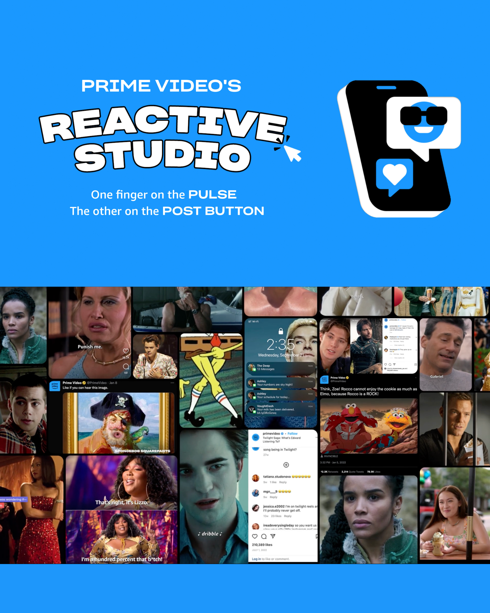 Promotional graphic for Prime Video's Reactive Studio featuring a blue background, large bold text, and social media icons, with a collage of various scenes from shows and movies at the bottom incorporating reactive digital strategy. 