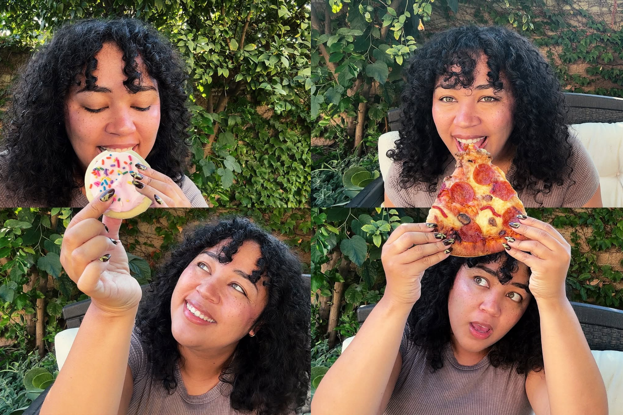 Compilation of four photos of a woman with curly black hair and freckles, enjoying baked goods outdoors with green foliage in the background. In the top left, she is about to bite into a pink donut with rainbow sprinkles. In the top right, she is holding a slice of pepperoni pizza and smiling. In the bottom left, she is looking up at a cupcake with purple frosting and sprinkles. In the bottom right, she is holding a slice of pizza above her head with a surprised expression.