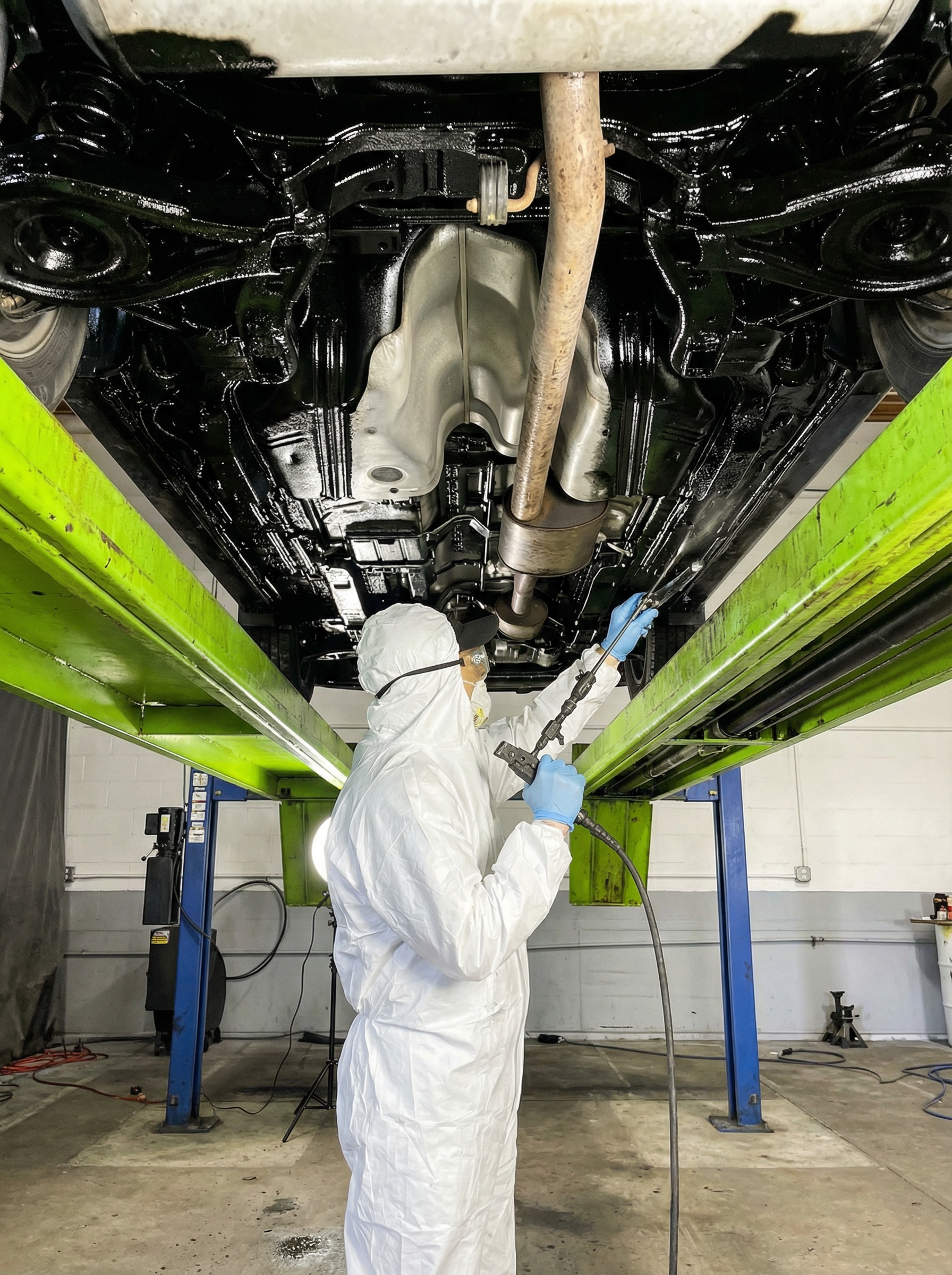 Technician applying rustproofing undercoating to the underside of a vehicle on a lift at Xtreme Car & Truck Accessories in Bridgeville, PA