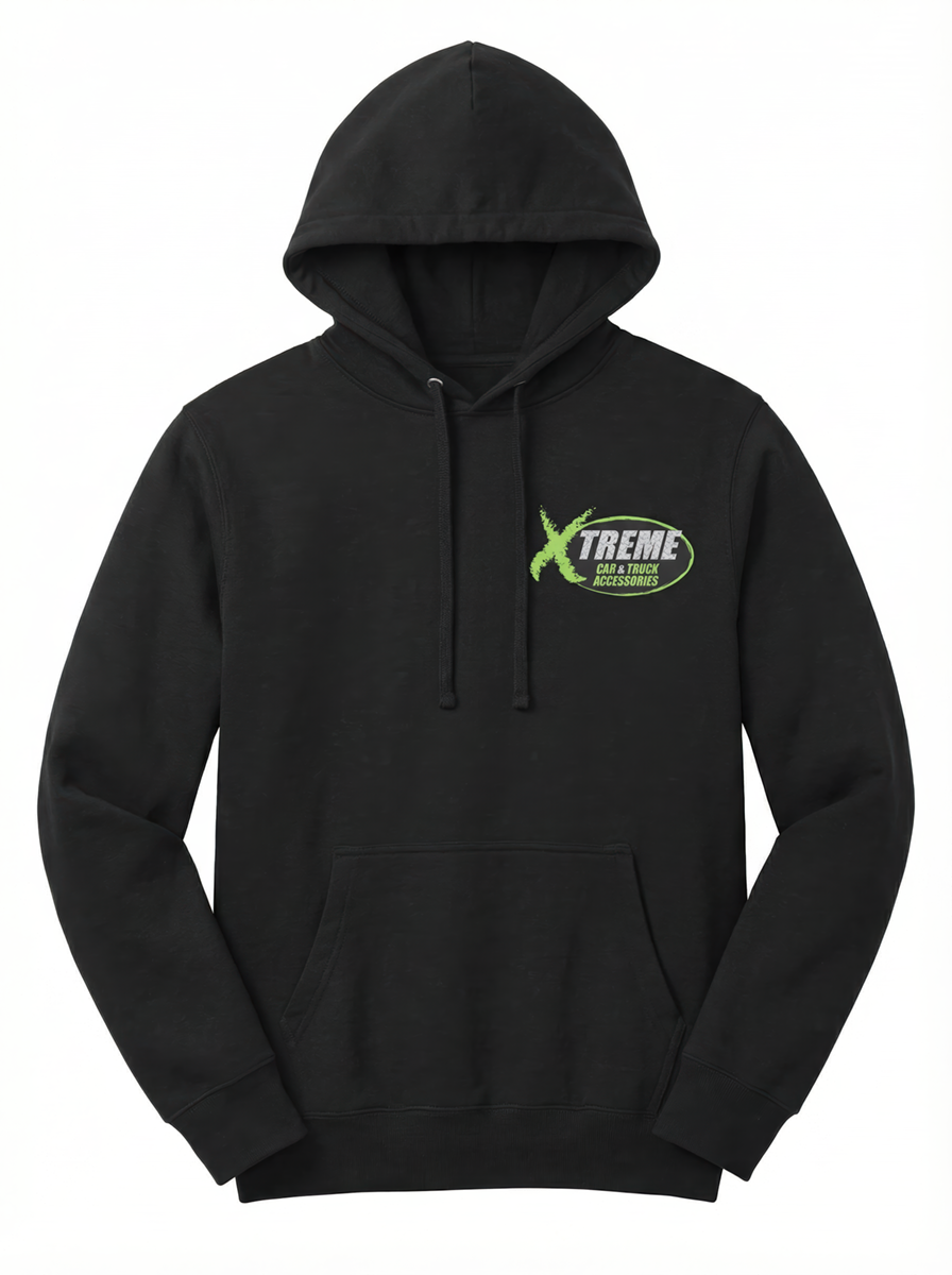 Black pullover hoodie with Xtreme Car & Truck Accessories logo on the left chest, Bridgeville, PA.