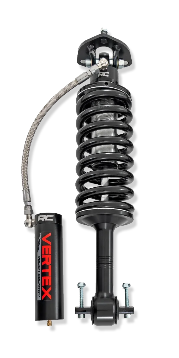 Rough Country Vertex lift kit coilover shock and reservoir for truck suspension upgrades installed at Xtreme Car & Truck Accessories in Bridgeville, PA