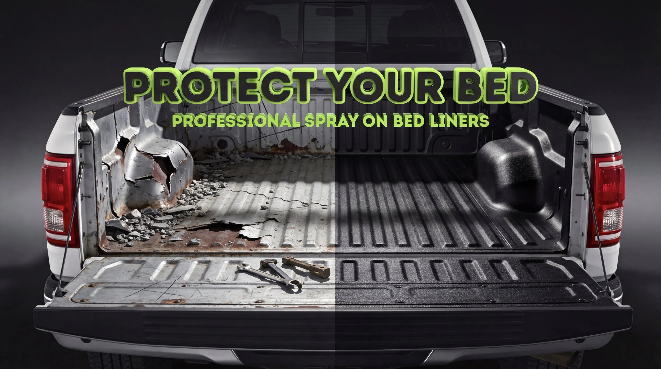 Professional spray-in bed liner installation in Bridgeville PA by Xtreme Car & Truck Accessories showing rusted truck bed versus durable black protective coating