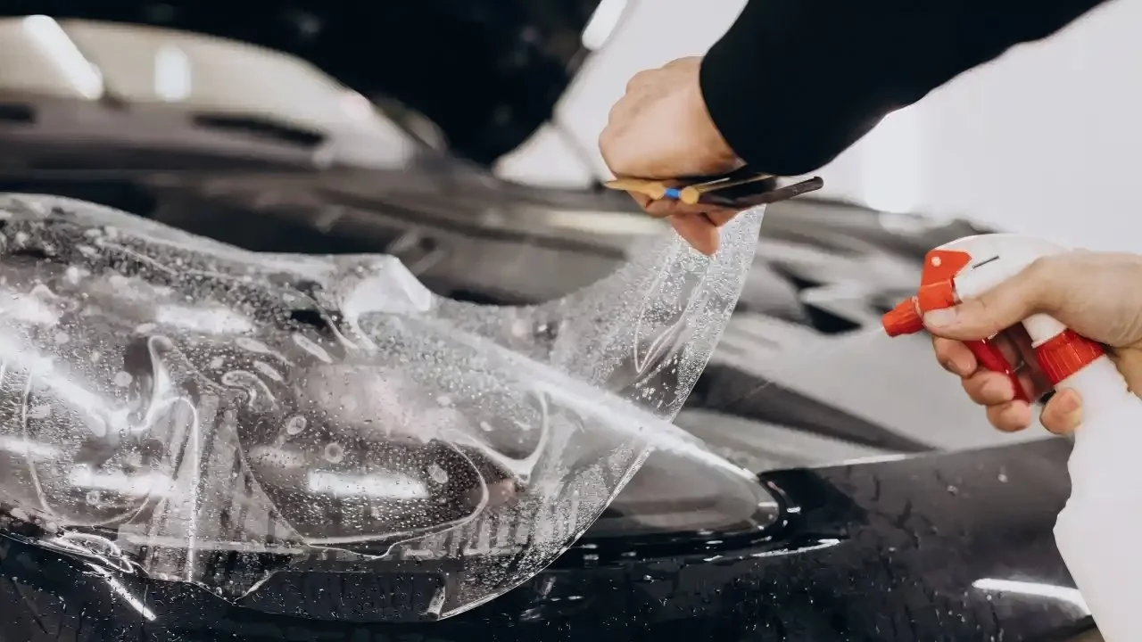 XPEL paint protection film application process showing precision cutting and installation on vehicle headlight at Xtreme Car & Truck Pittsburgh PA