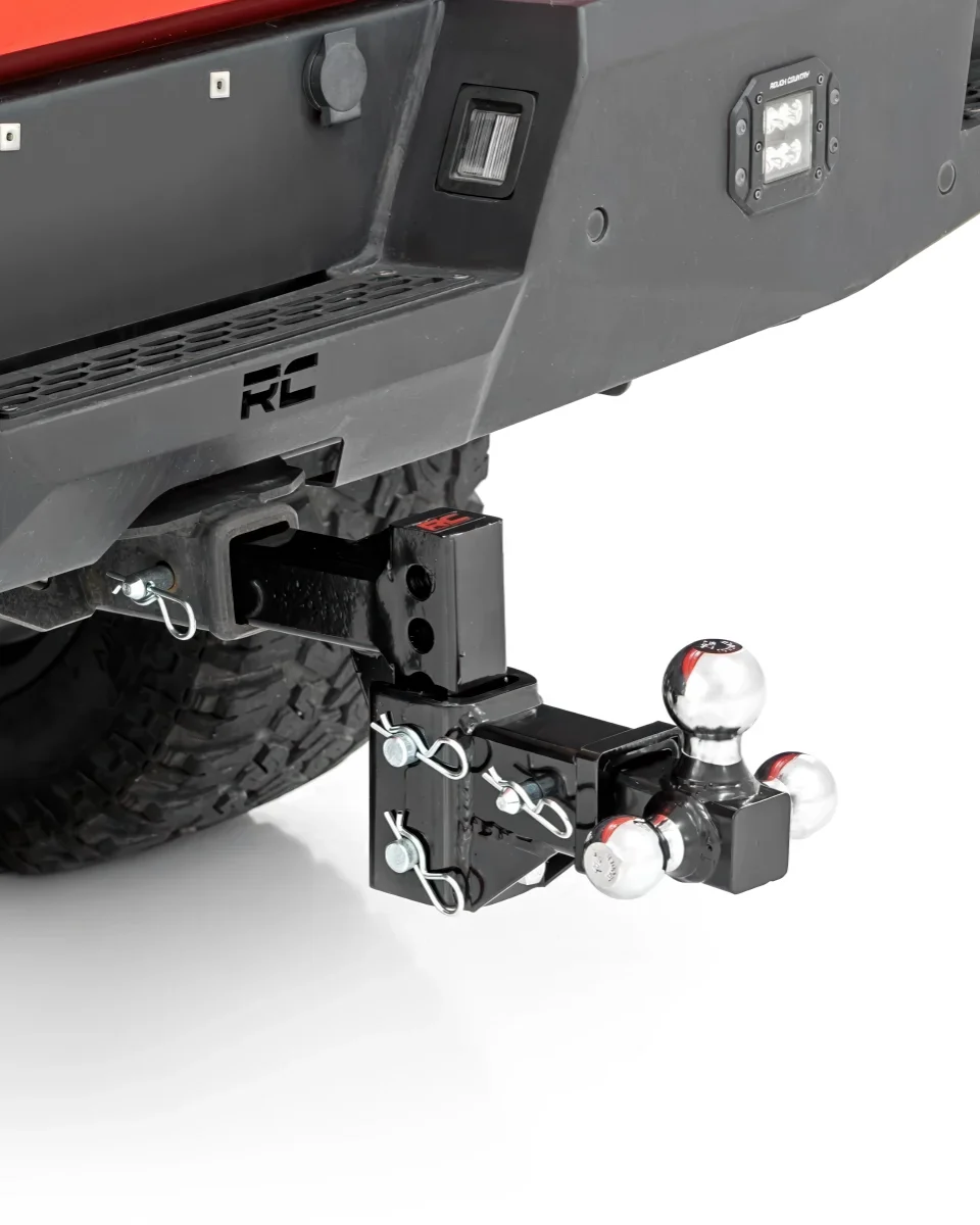 Close-up of an adjustable trailer hitch ball mount and receiver hitch installed for towing at Xtreme Car & Truck Accessories in Bridgeville, PA serving Pittsburgh and the South Hills.