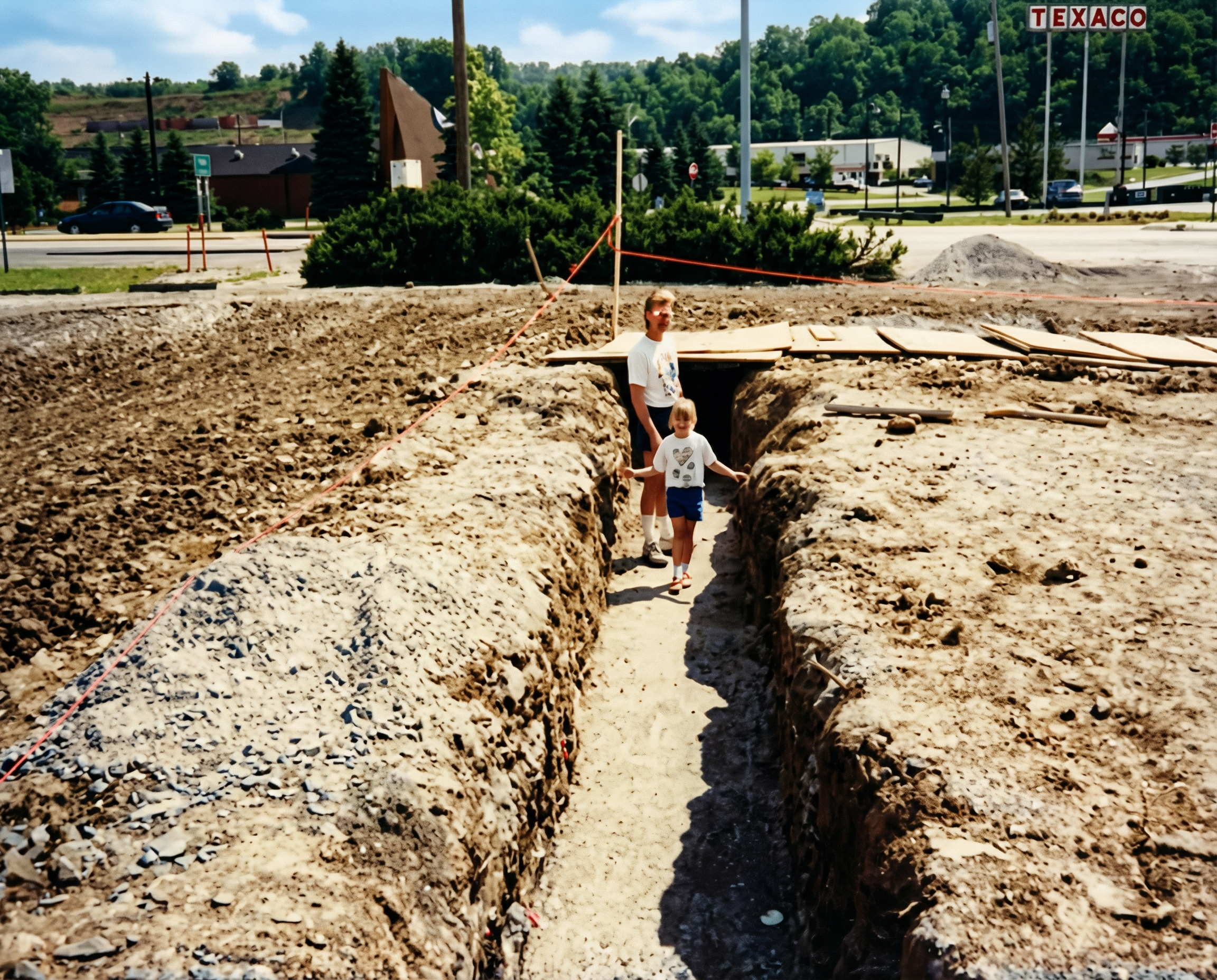 A construction site with two children walking through a dirt trench, with a man guiding them. In the background, there are trees, a Texaco sign, and buildings across the road.