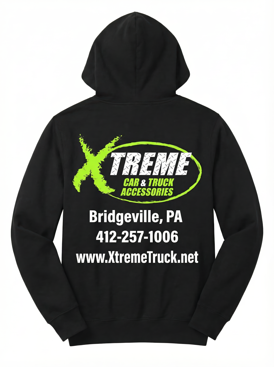 Back of black Xtreme Car & Truck Accessories hoodie with lime green logo, Bridgeville PA, 412-257-1006, and XtremeTruck.net